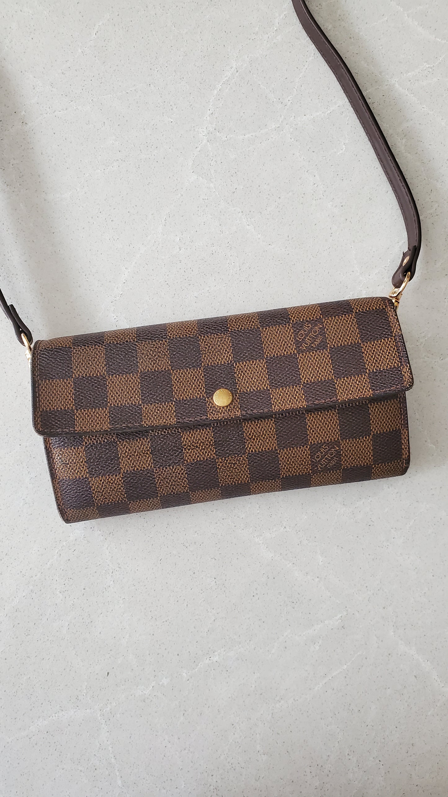 Authentic Vintage Louis Vuitton Brown Damier Upcycle Long Wallet with Strap