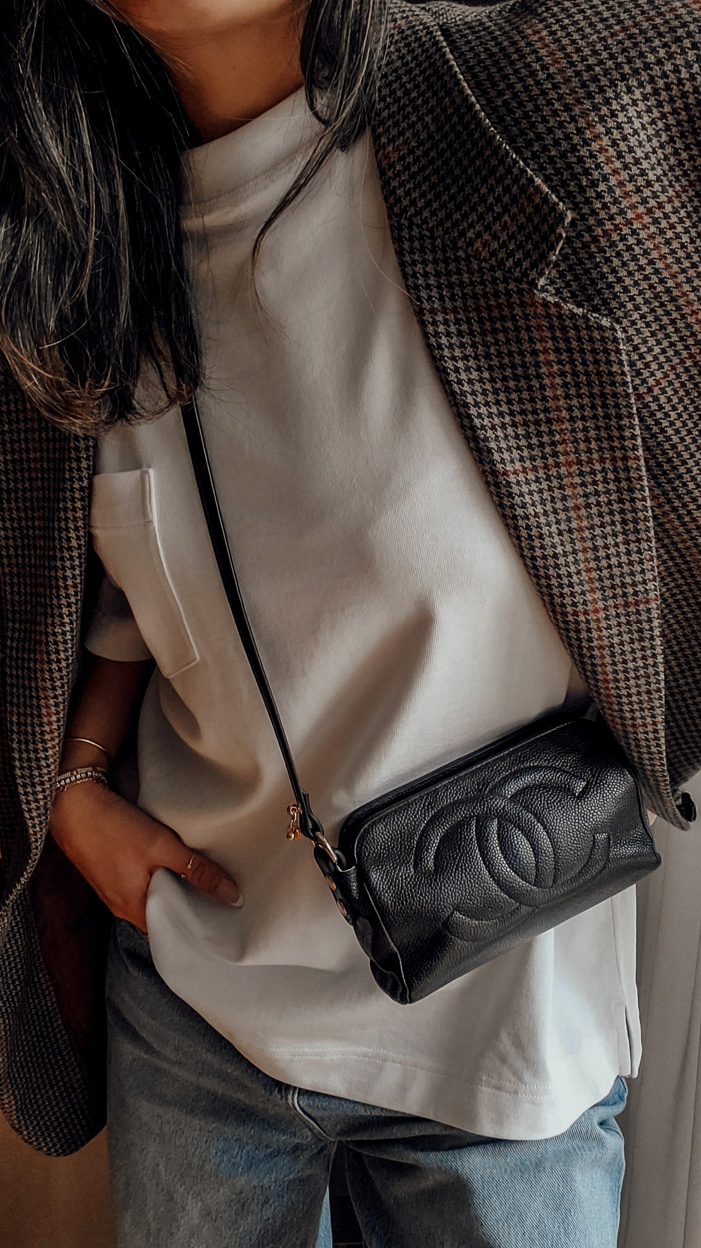 Authentic Vintage Chanel Upcycle Black Caviar Perfect Size Pouch with Strap