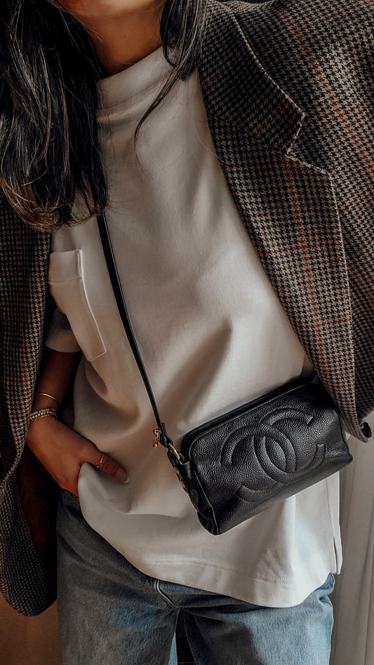 Authentic Vintage Chanel Upcycle Black Caviar Perfect Size Pouch with Strap