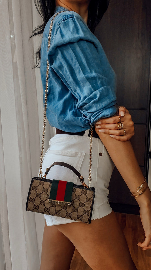 Authentic Gucci Upcycle Canvas Wallet with Strap and Chain