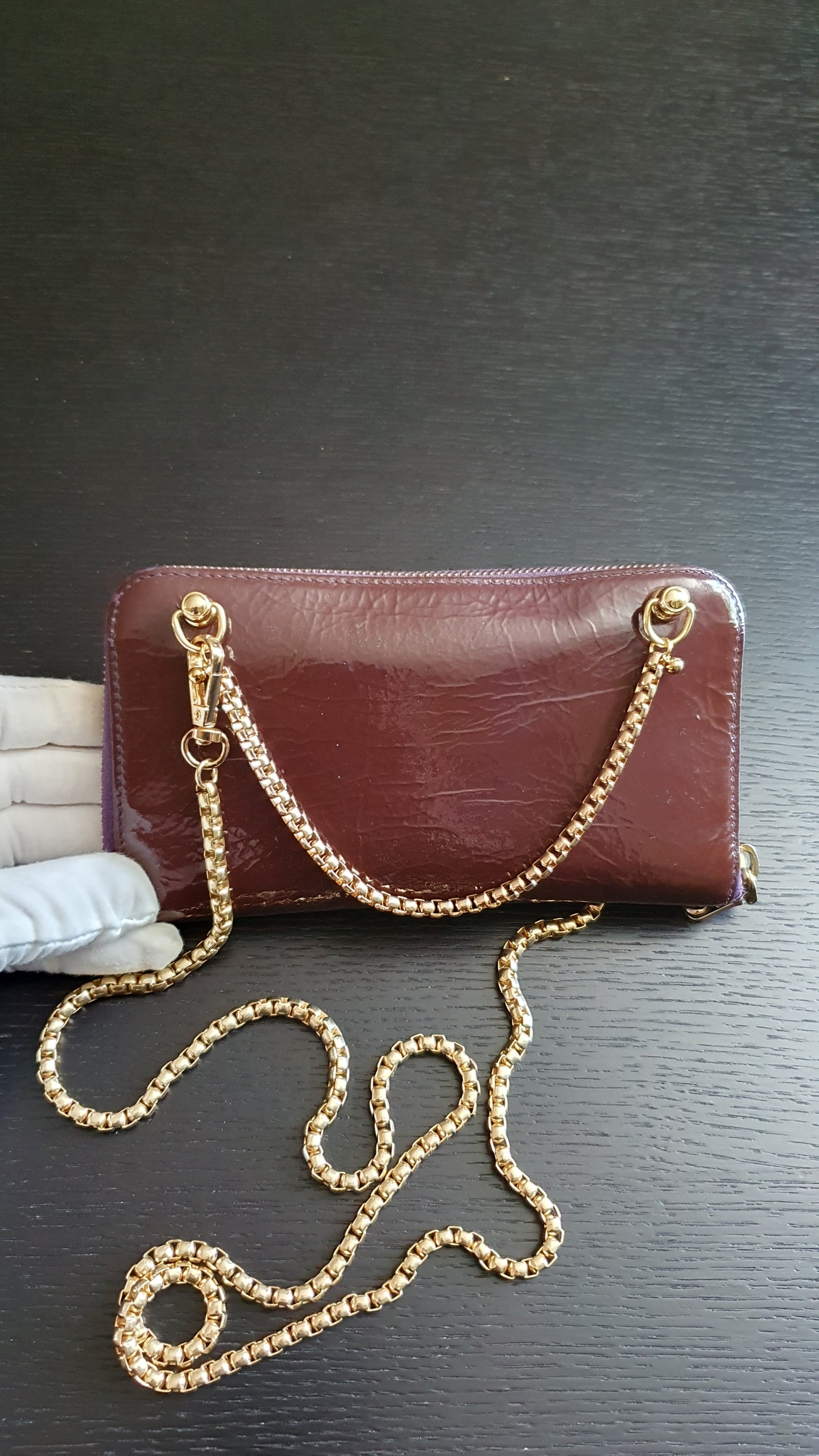 Authentic Miu Miu Upcycle Long Zip Patent Wallet with Chains