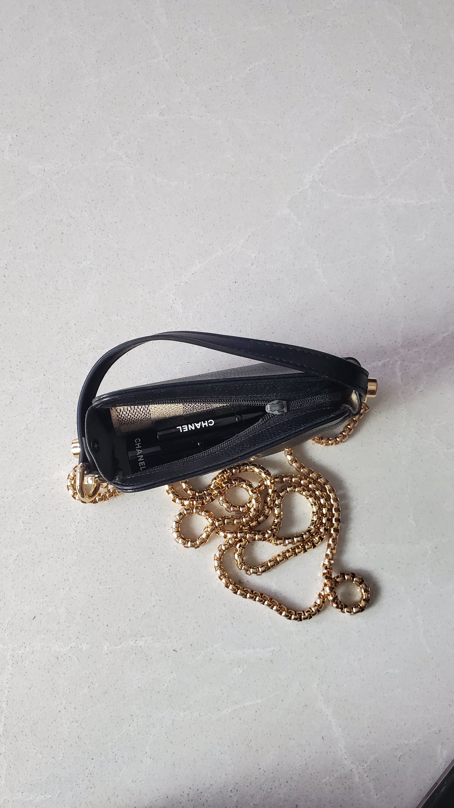 Authentic Chanel Upcycle Mini Black Caviar Pouch with Strap & Chain