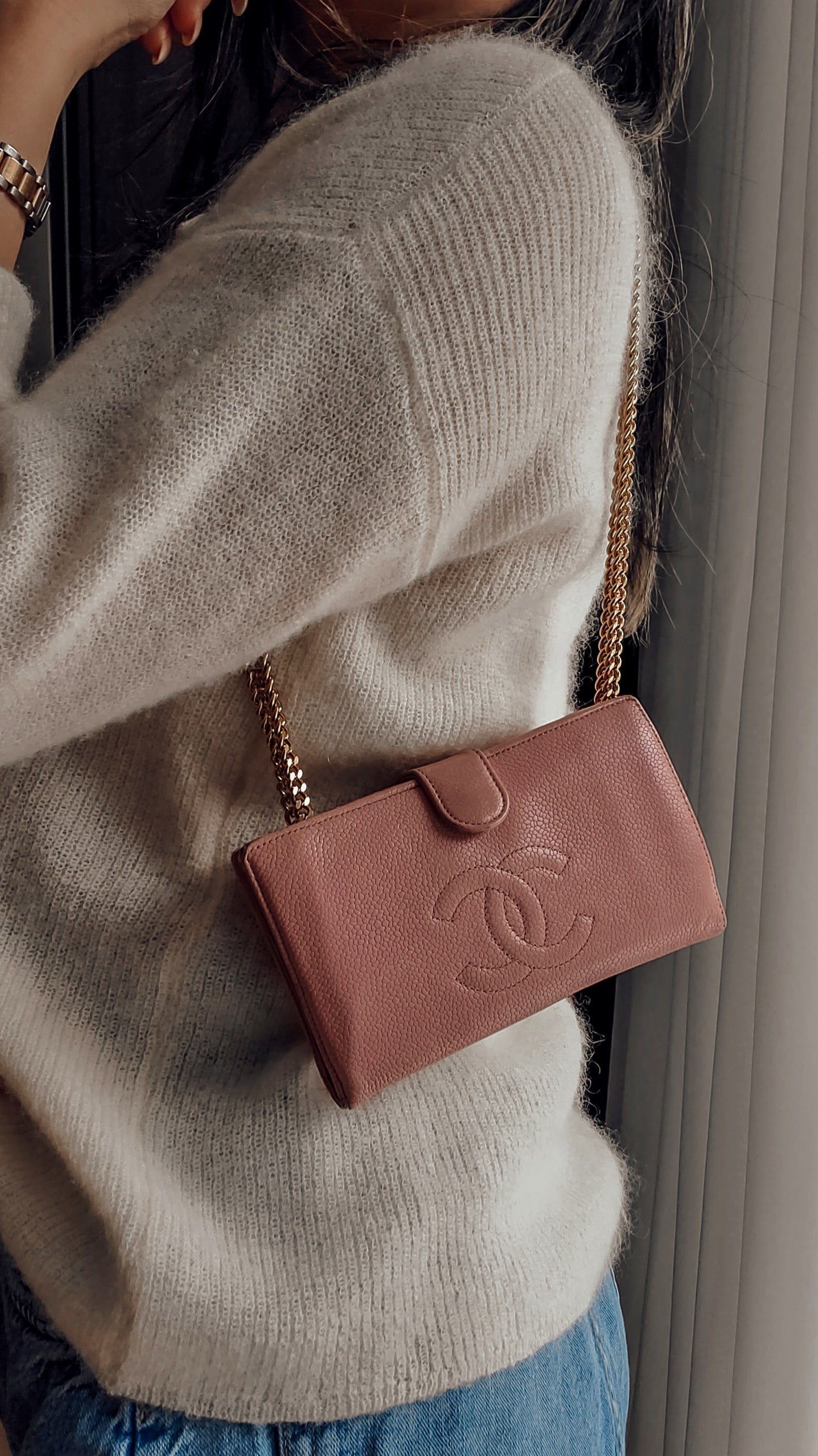 Authentic Chanel Upcycle Pink Caviar Wallet on Chain