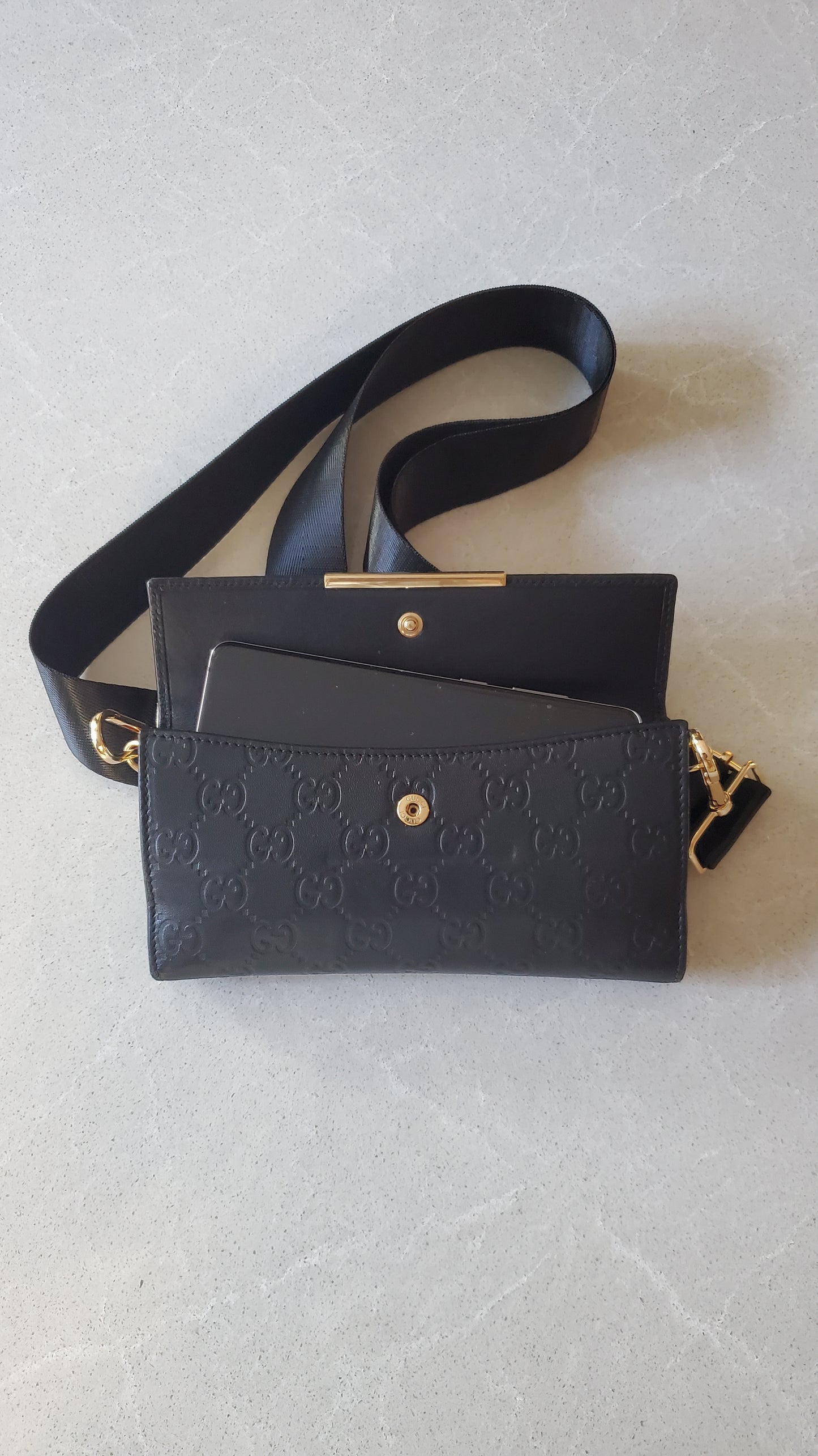Authentic Gucci Upcycle Long Black Leather Wallet with Strap
