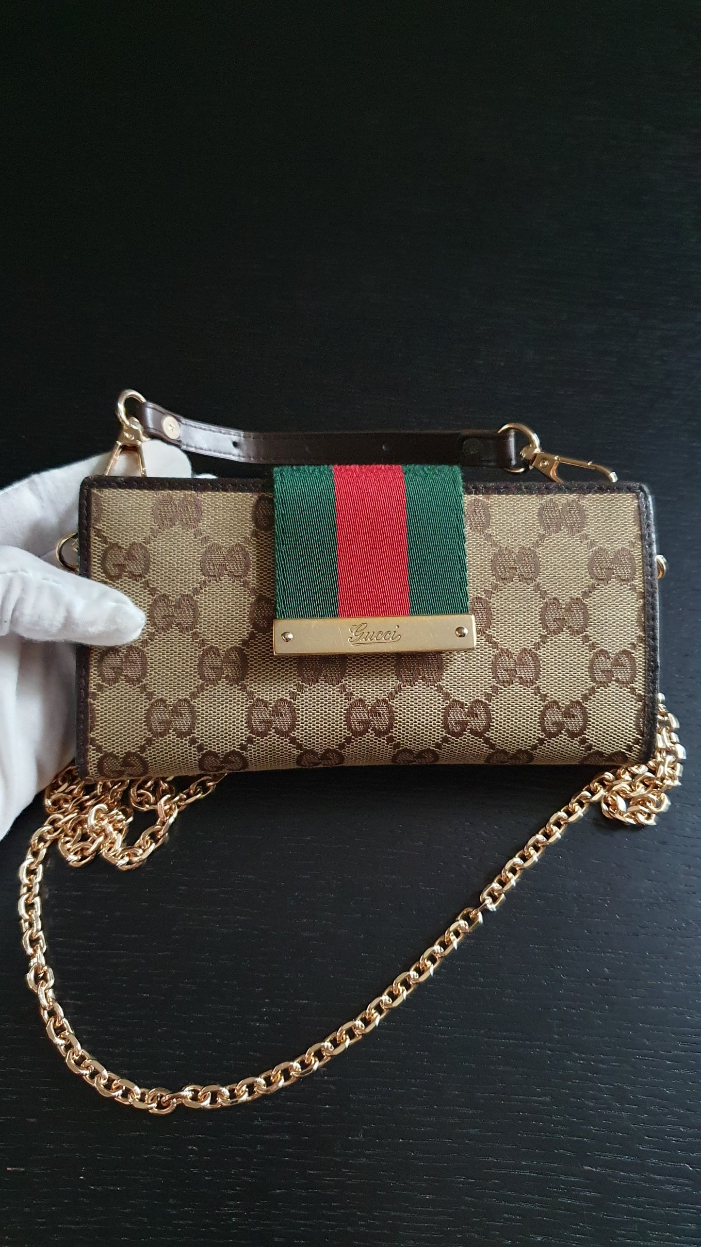 Authentic Gucci Upcycle Canvas Wallet with Strap and Chain
