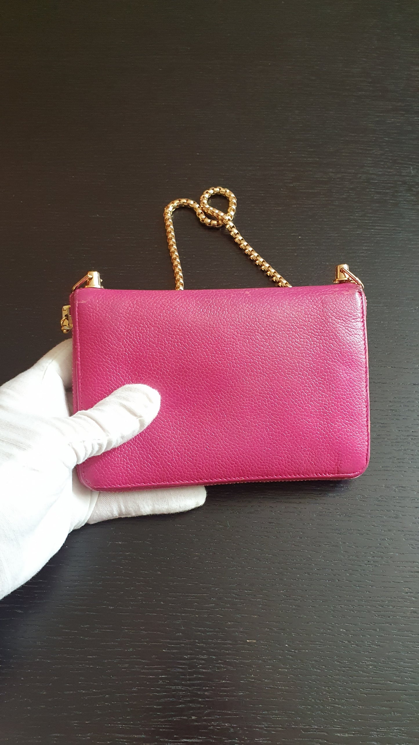 Authentic Chanel Upcycle Pink Caviar Zip Wallet with Shoulder Chain