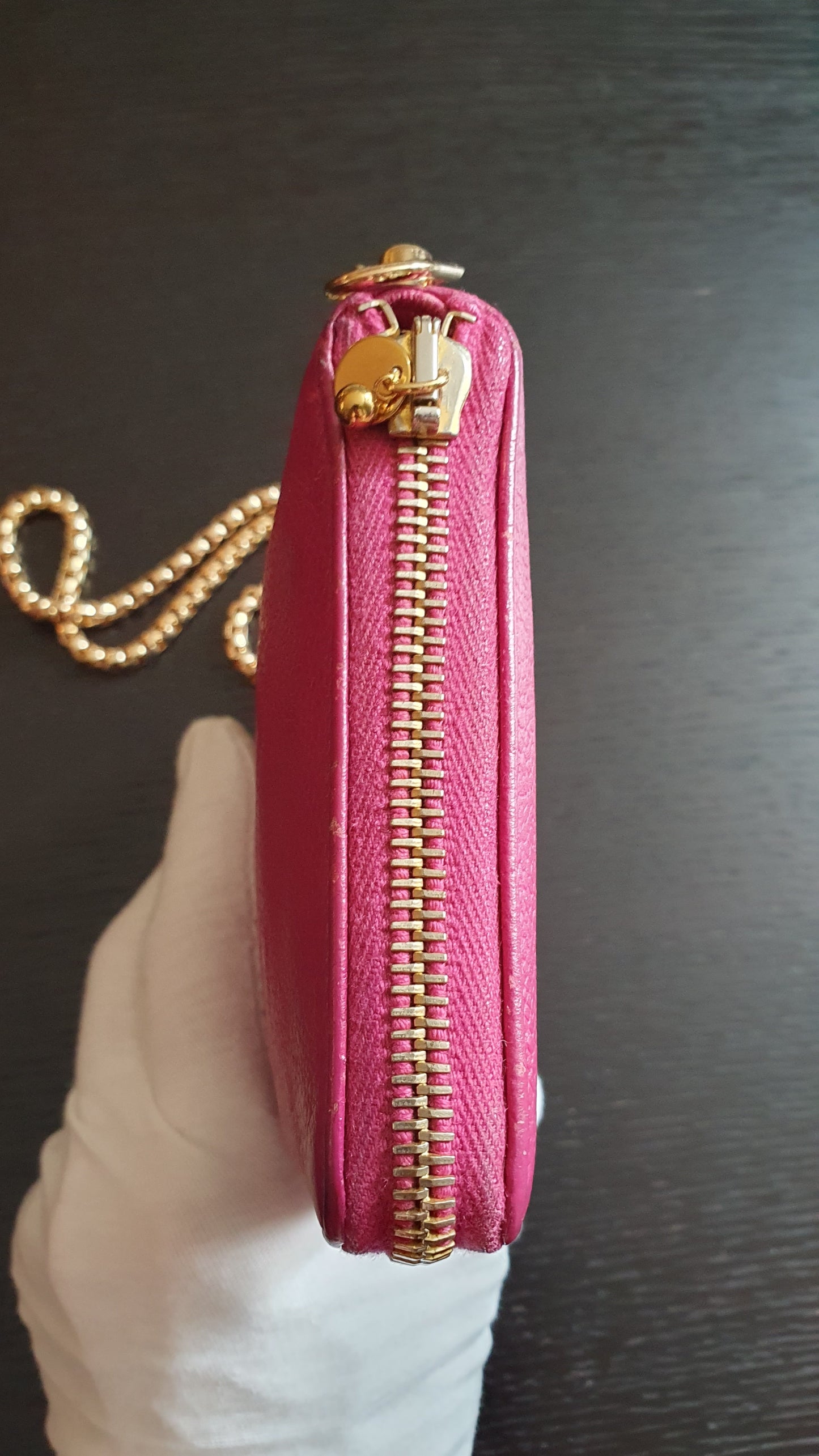 Authentic Chanel Upcycle Pink Caviar Zip Wallet with Shoulder Chain