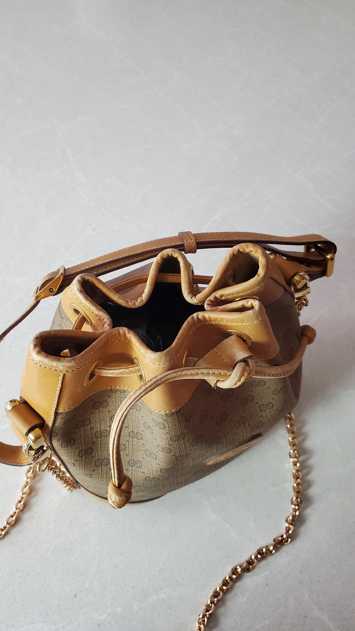 Authentic Vintage Gucci Small Tan Bucket Bag with Chain