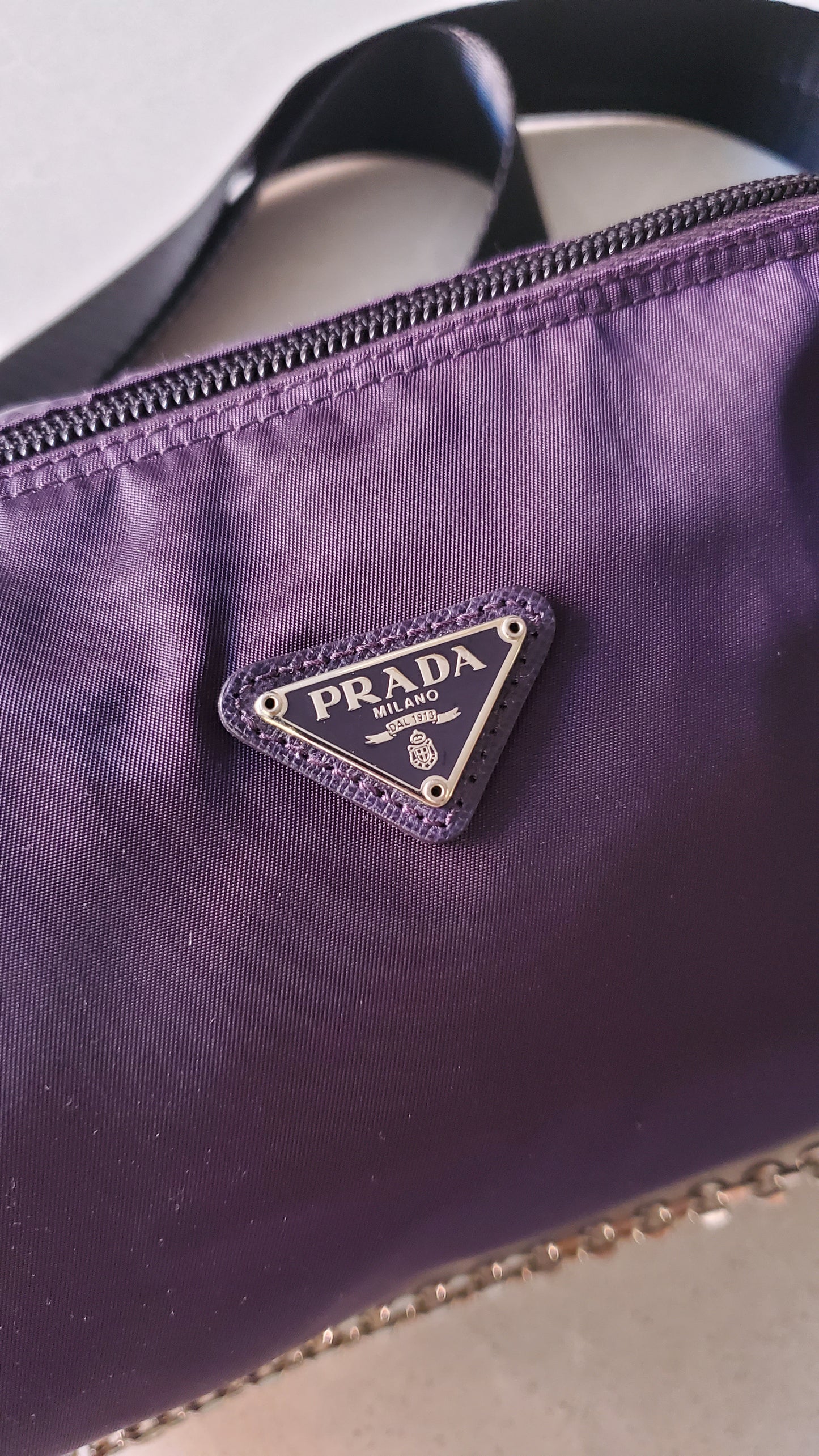 Authentic Prada Upcycle Purple Nylon Medium Size Pouch on Chain & Strap