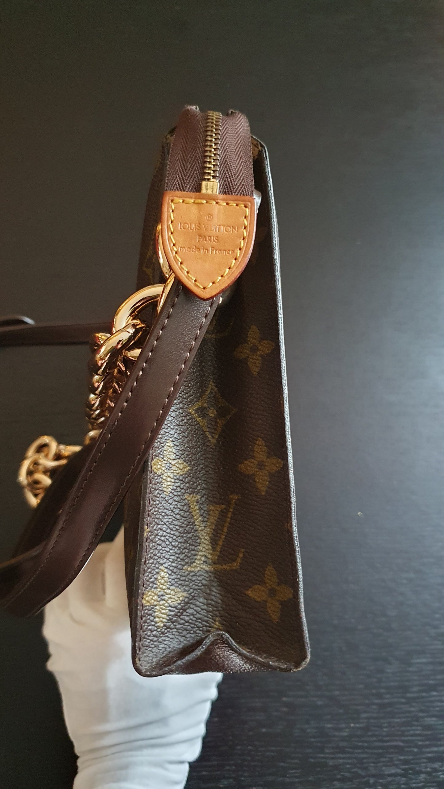 Authentic Vintage Louis Vuitton Upcycle Toiletry Pouch (with grey insert) with Chain & Strap