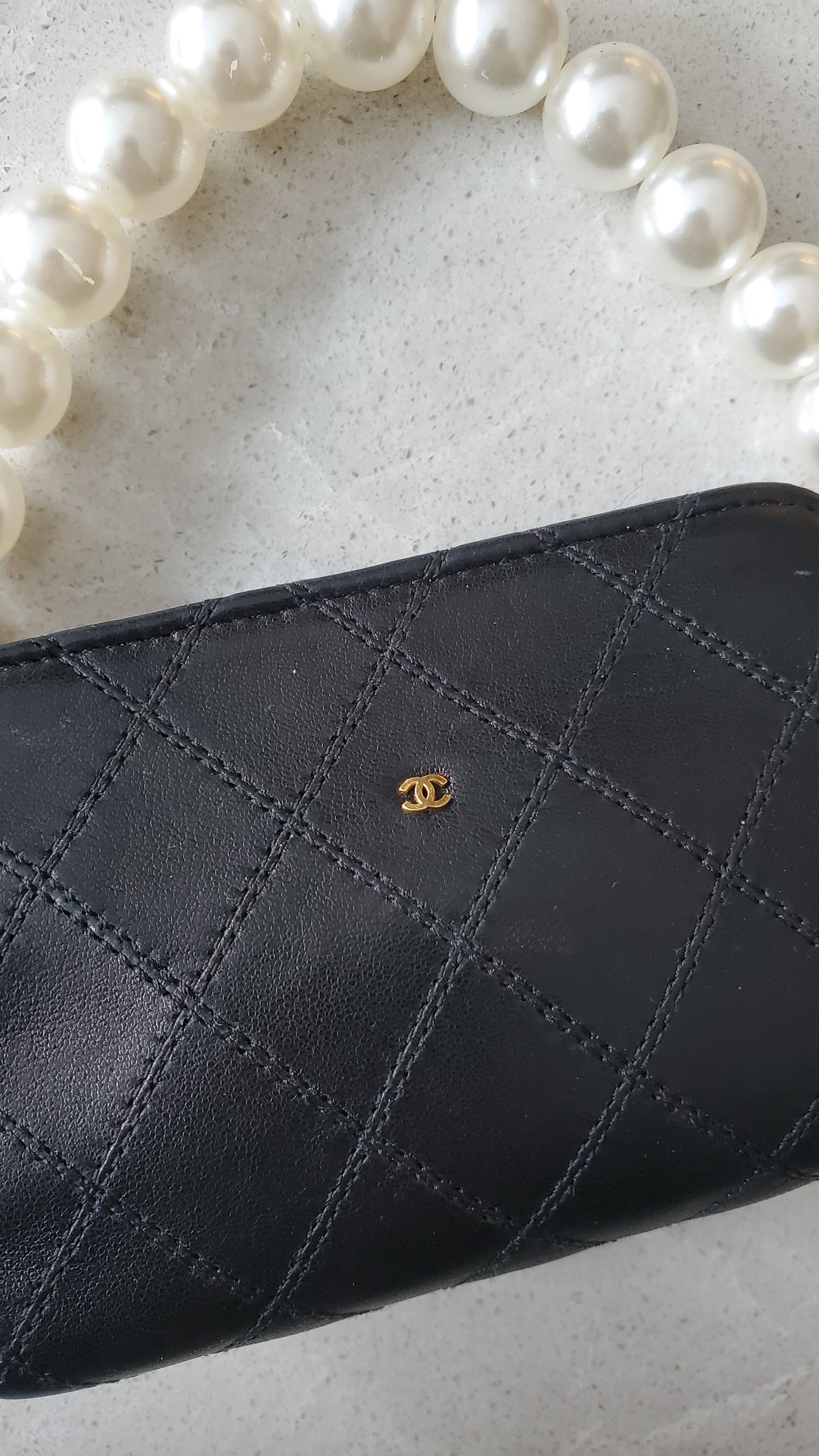 Authentic Chanel Upcycle Black Lambskin Small Pouch with Strap & Chain