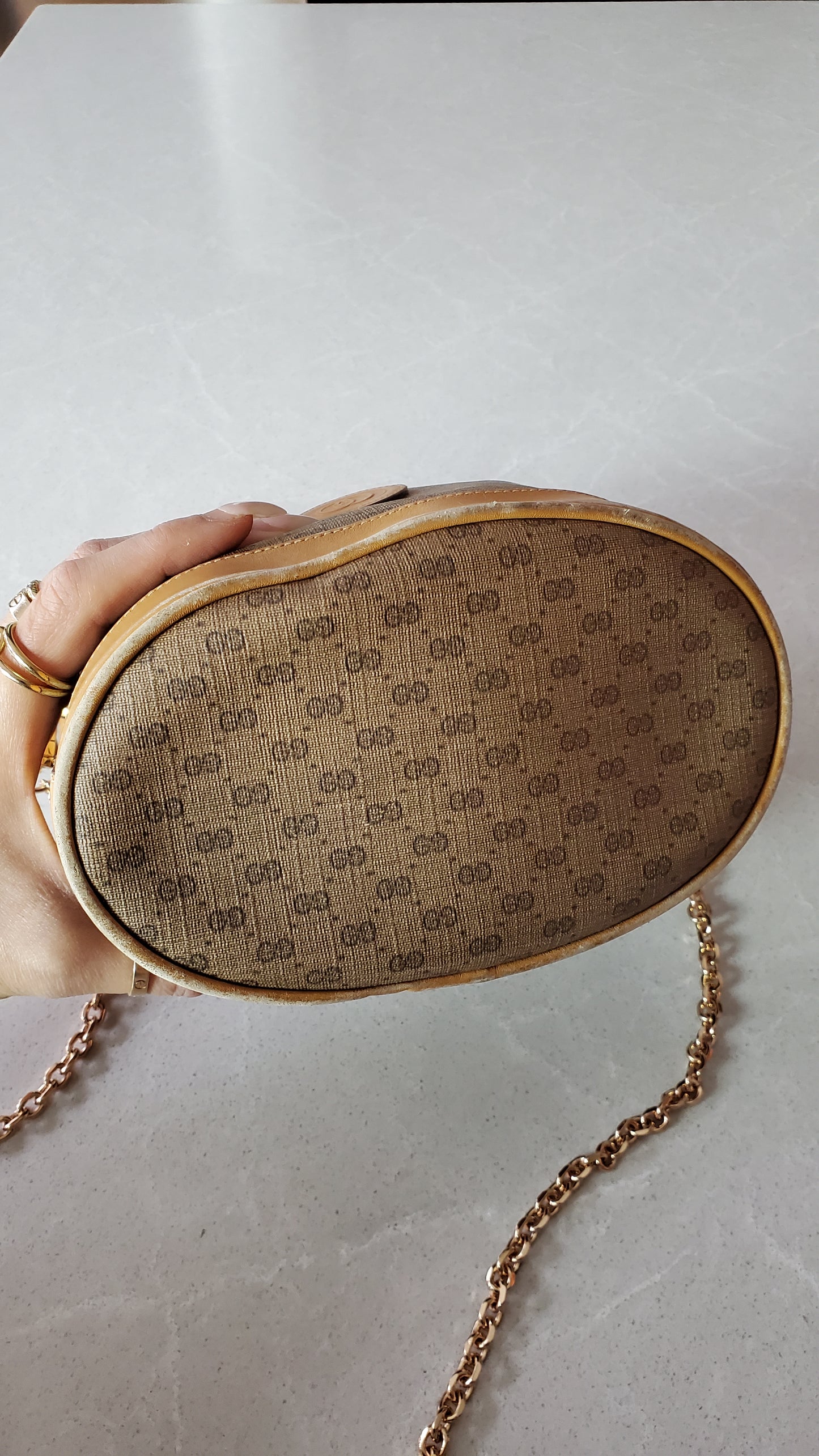 Authentic Vintage Gucci Small Tan Bucket Bag with Chain