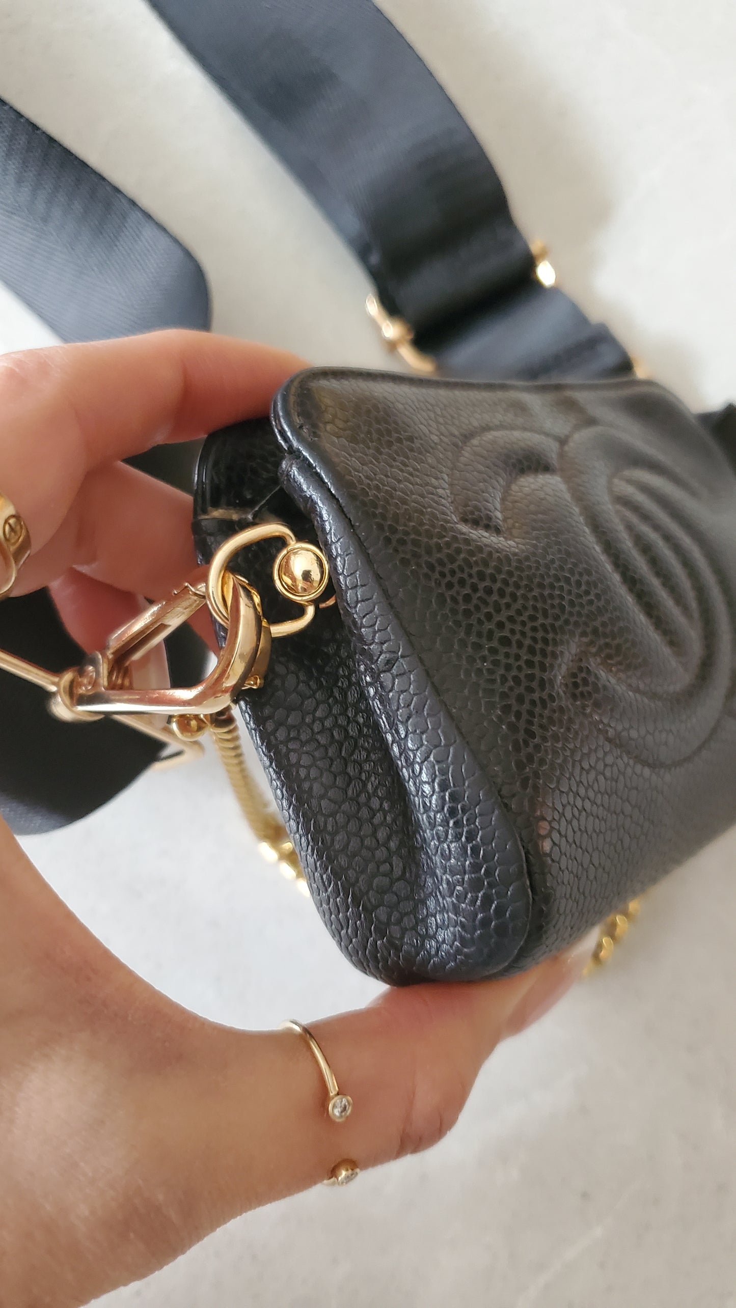 Authentic Chanel Upcycle Black Caviar Small Pouch on Chain & Strap