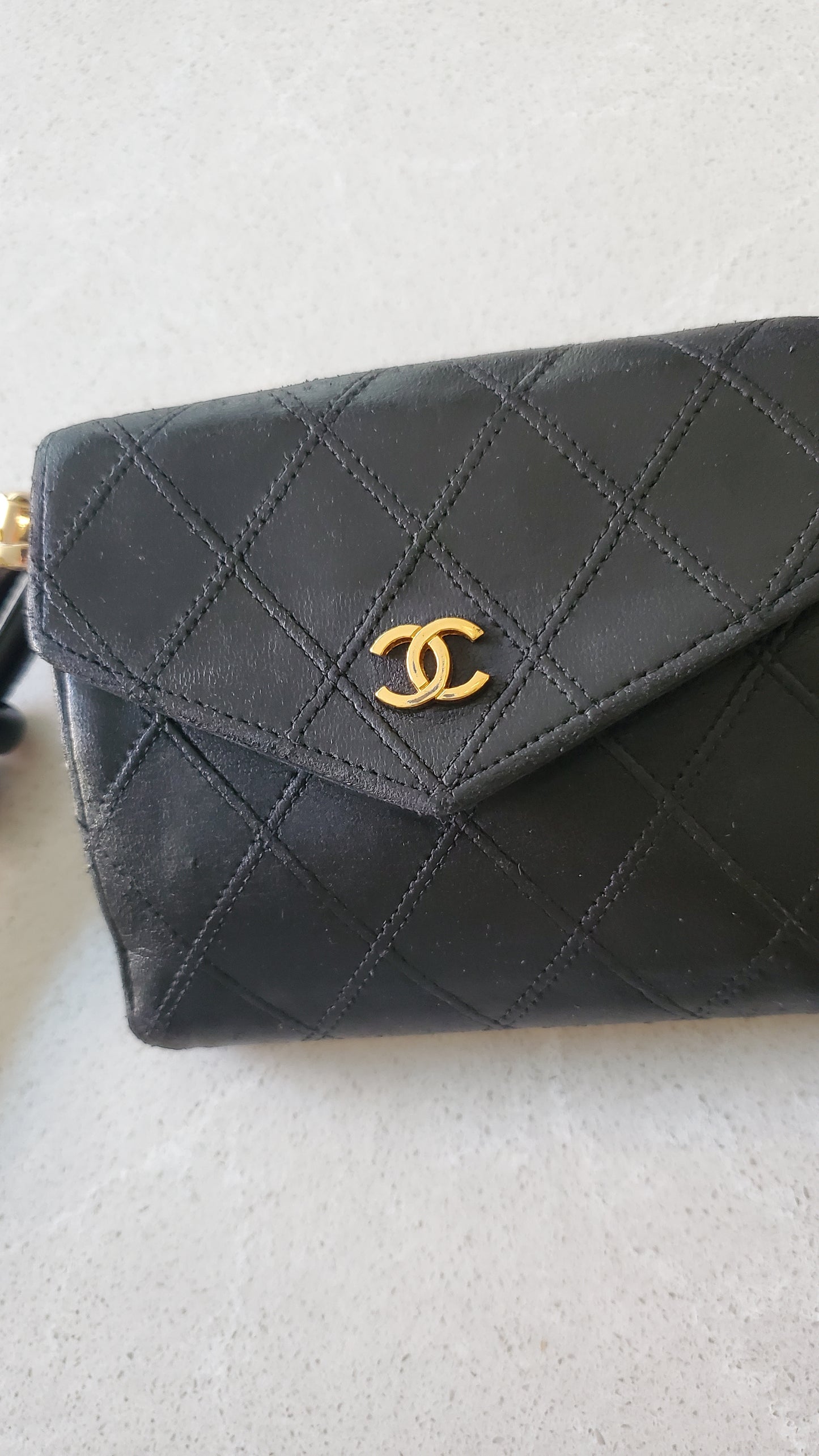 Authentic Chanel Upcycle Black Lambskin Small Wallet on Strap