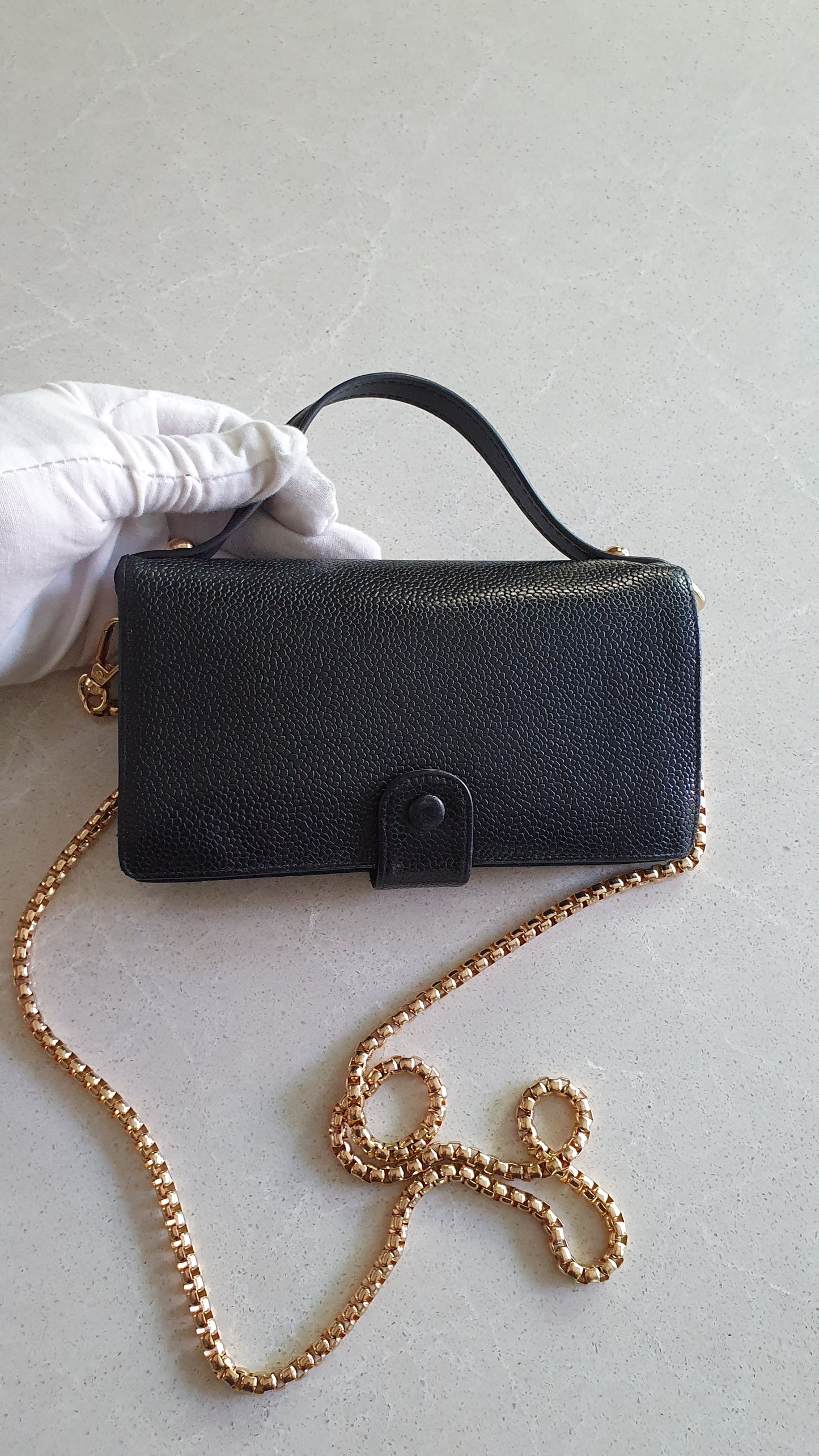 Authentic Chanel Upcycle Black Caviar Long Wallet with Strap & Chain