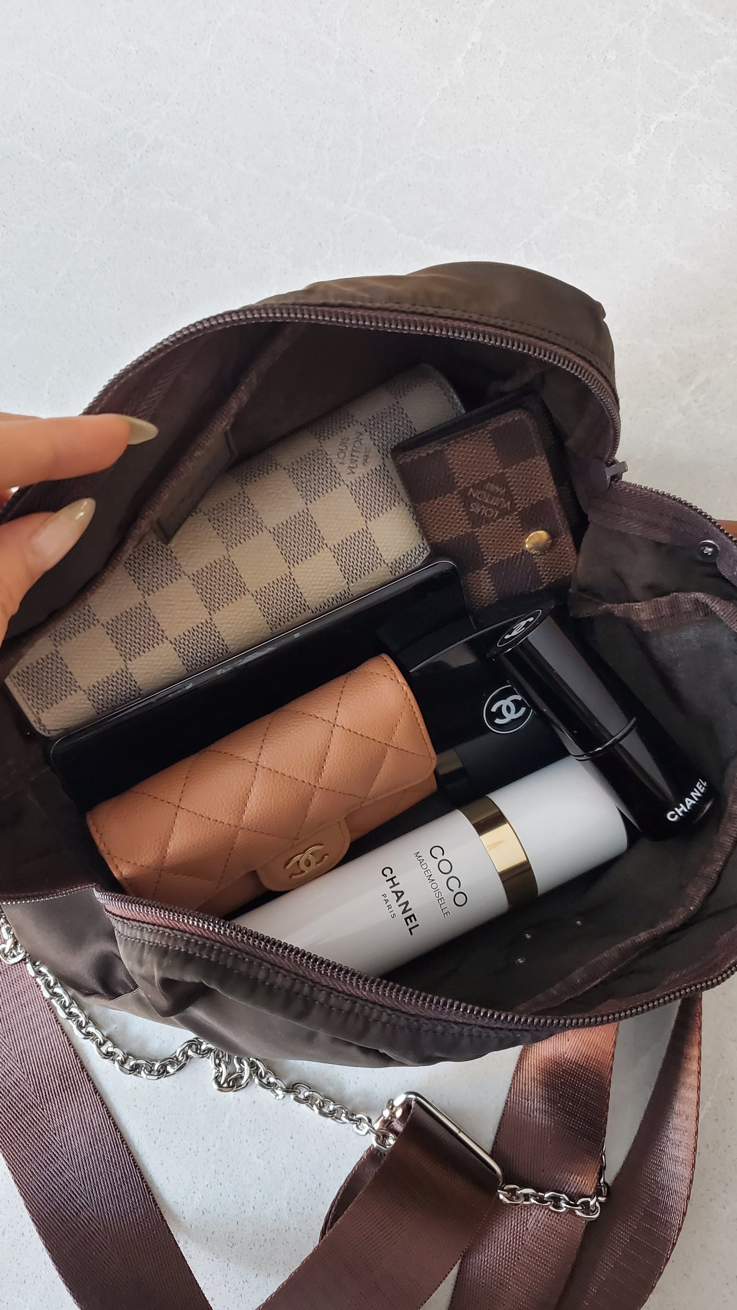 Authentic Prada (Dark Green/ Brown) Upcycle Large Nylon Pouch with Chain & Strap