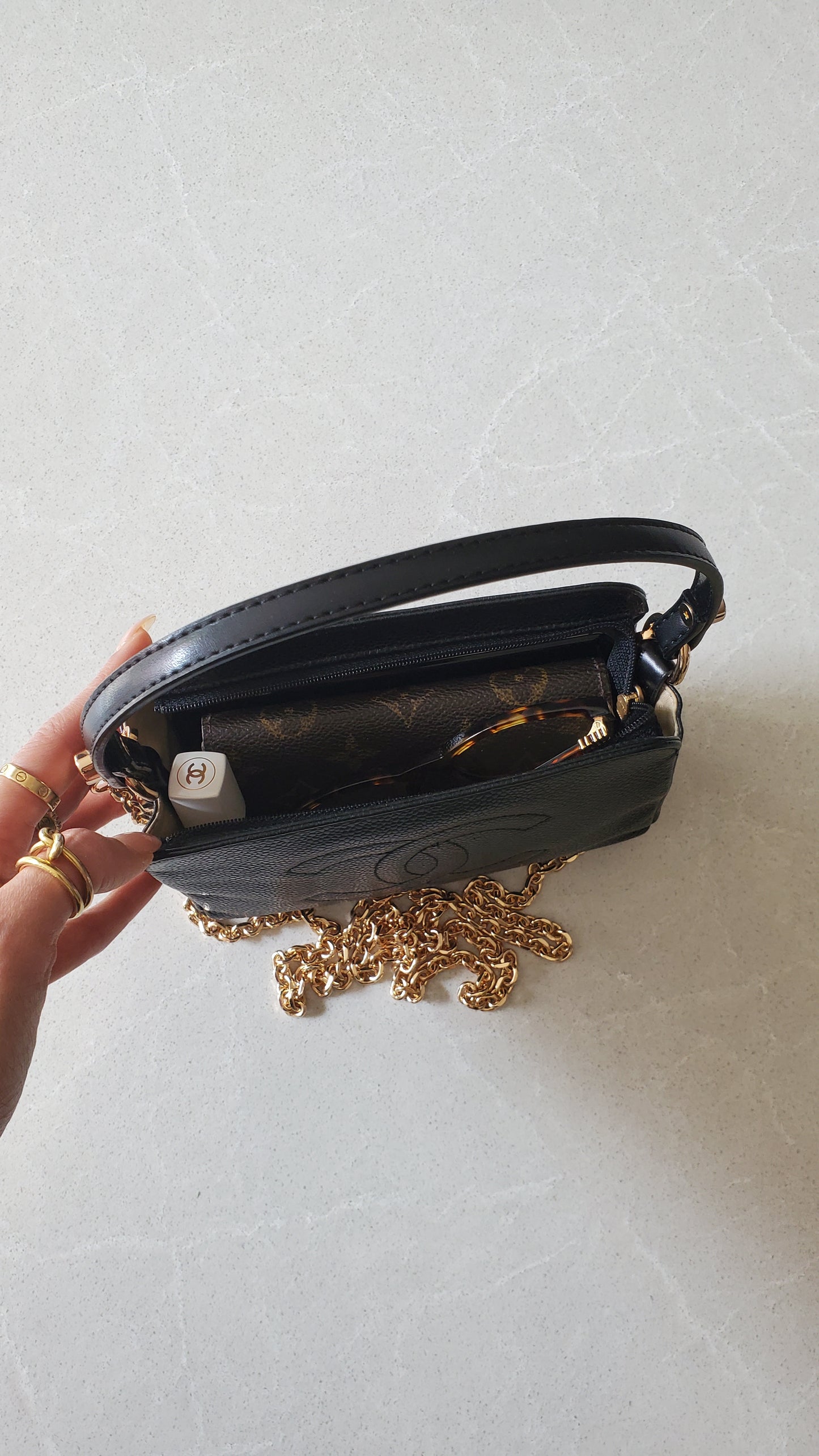 Authentic Vintage Chanel Caviar Perfect Size Upcycle Pouch/ Purse with Handle Strap & Chain