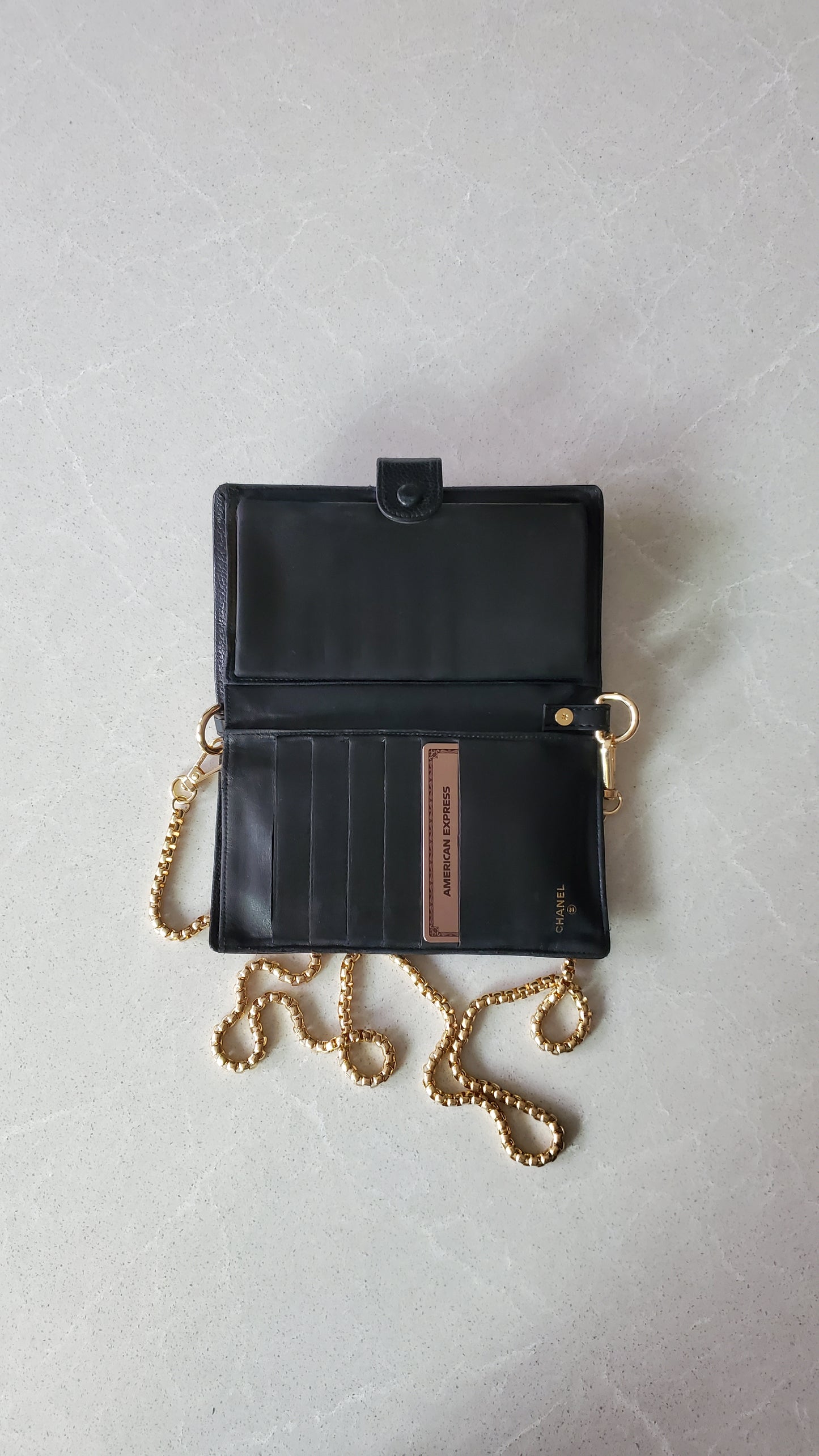Authentic Chanel Upcycle Black Caviar Long Wallet with Strap & Chain
