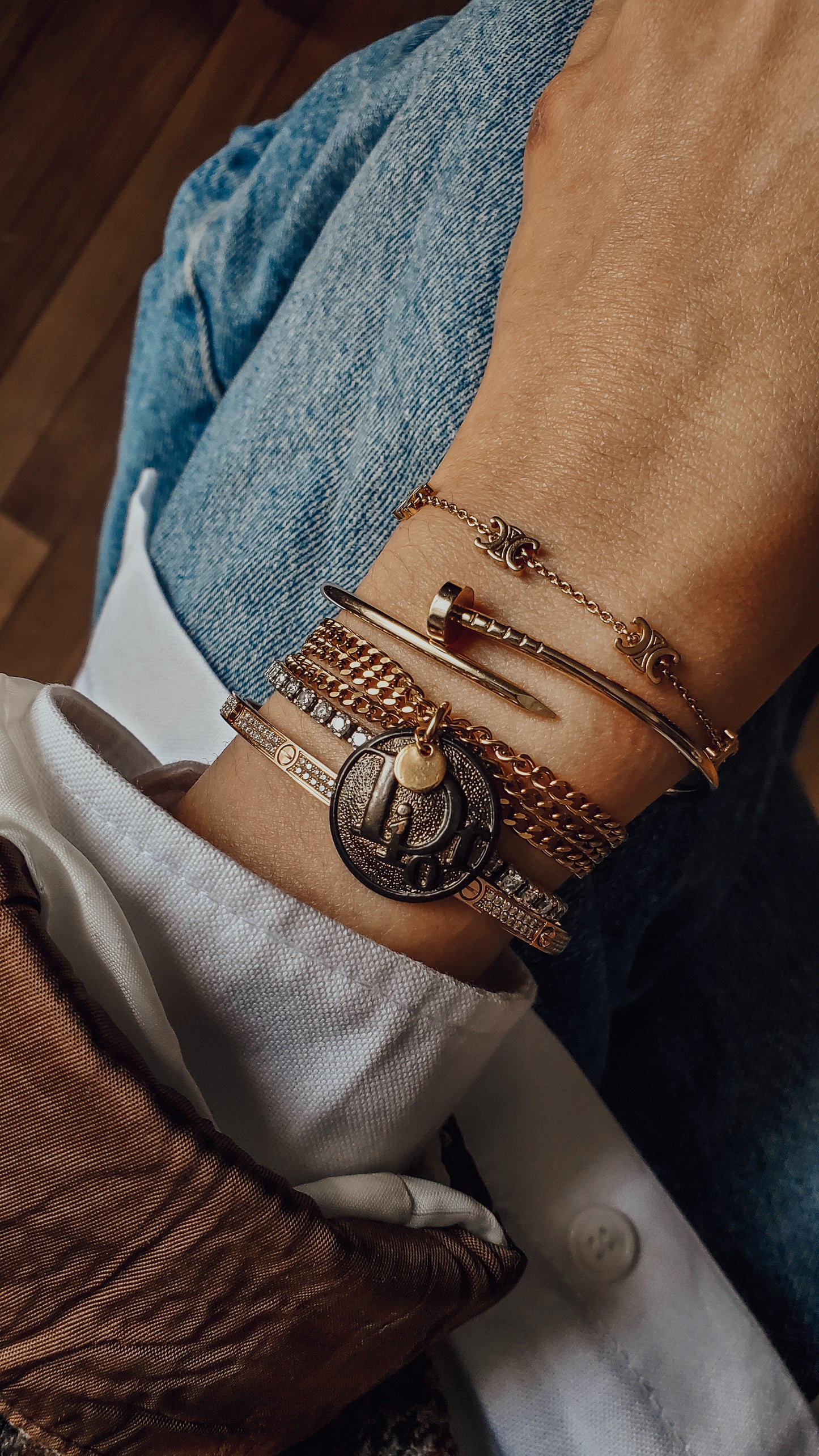 Authentic Vintage Christian Dior Button Upcycle Gold Thin Layers Bracelet