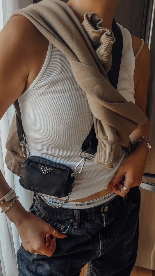 Authentic Prada Upcycle Versatile Black Nylon Mini Pouch on Chain & Strap