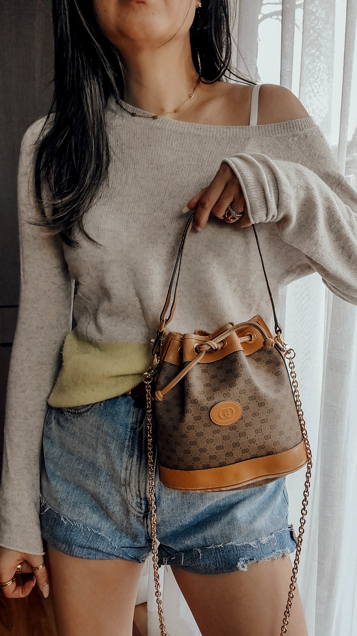 Authentic Vintage Gucci Small Tan Bucket Bag with Chain