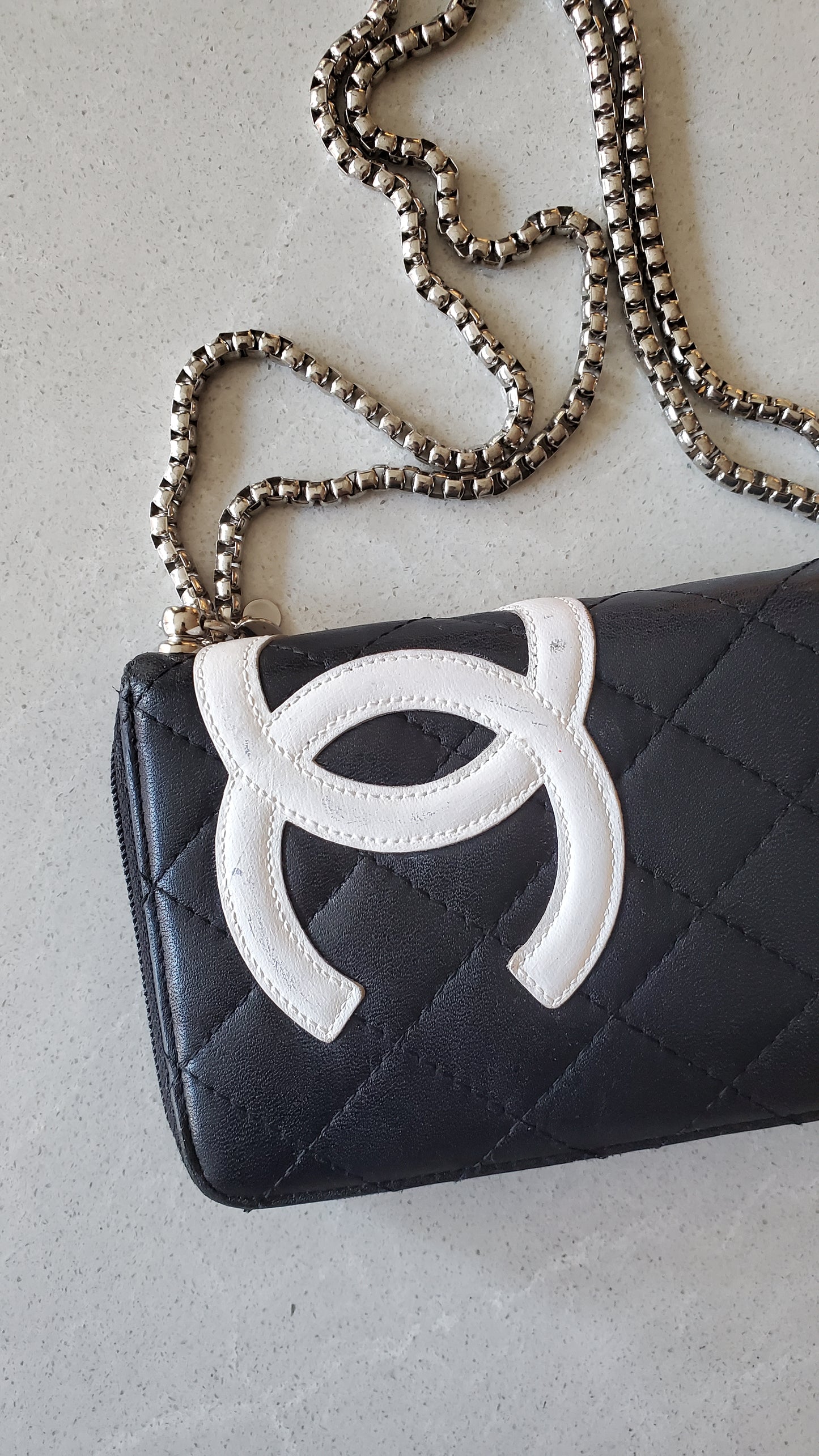 Authentic Vintage Chanel Upcycle Black Lambskin Zip Wallet with Chain