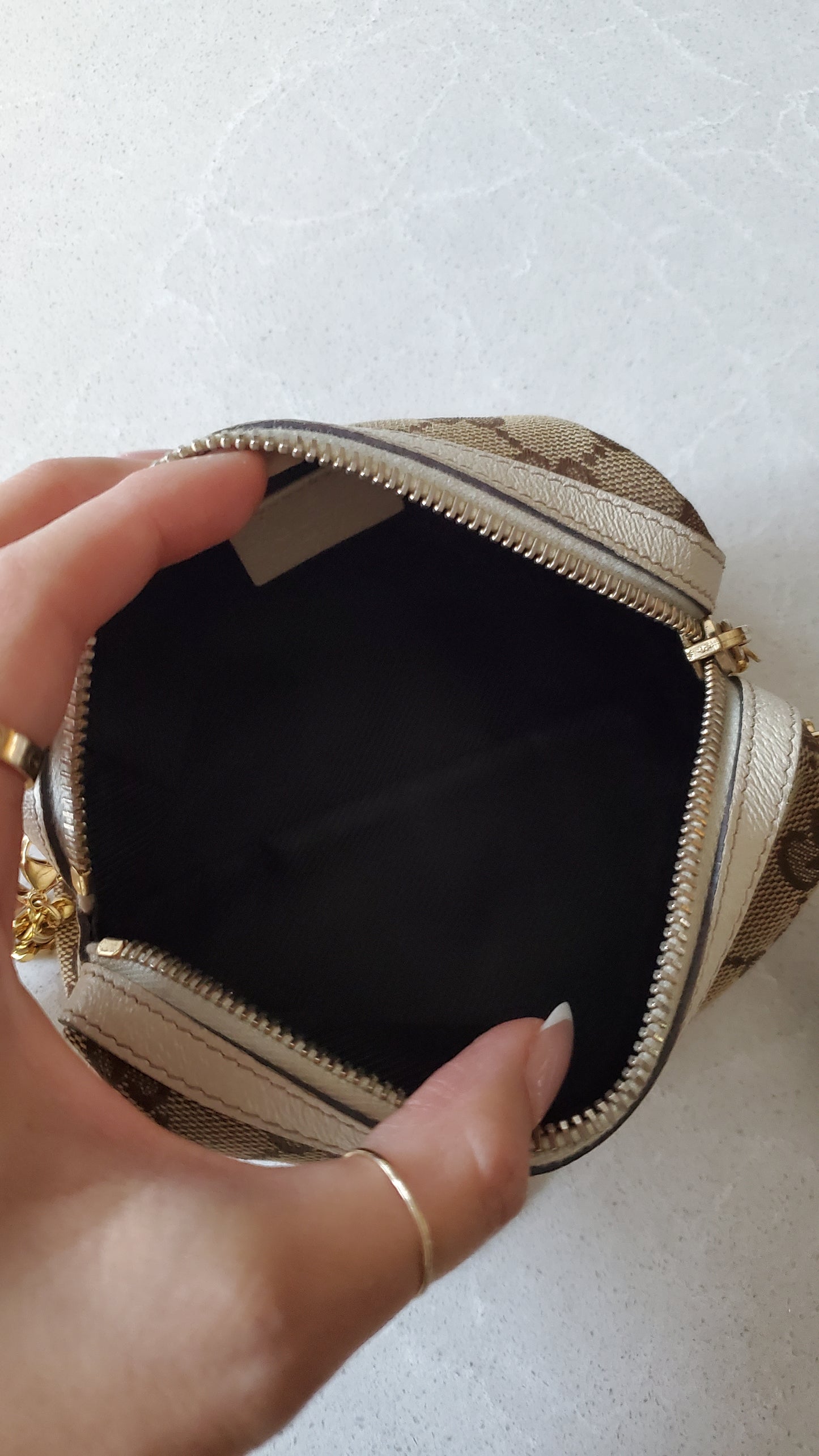 Authentic Vintage Gucci Upcycle Tan Fabric Pouch on Chain & Strap