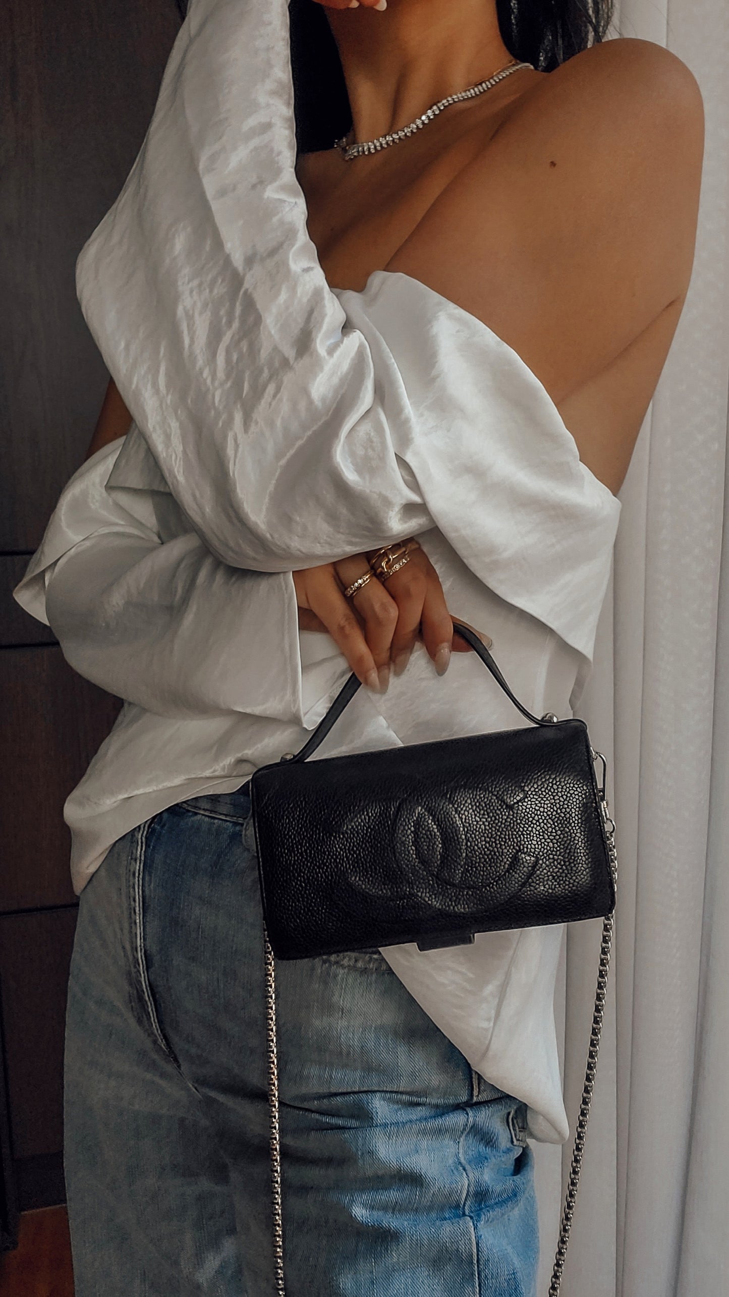 Authentic Chanel Upcycle Black Caviar Long Wallet with Strap & Chain