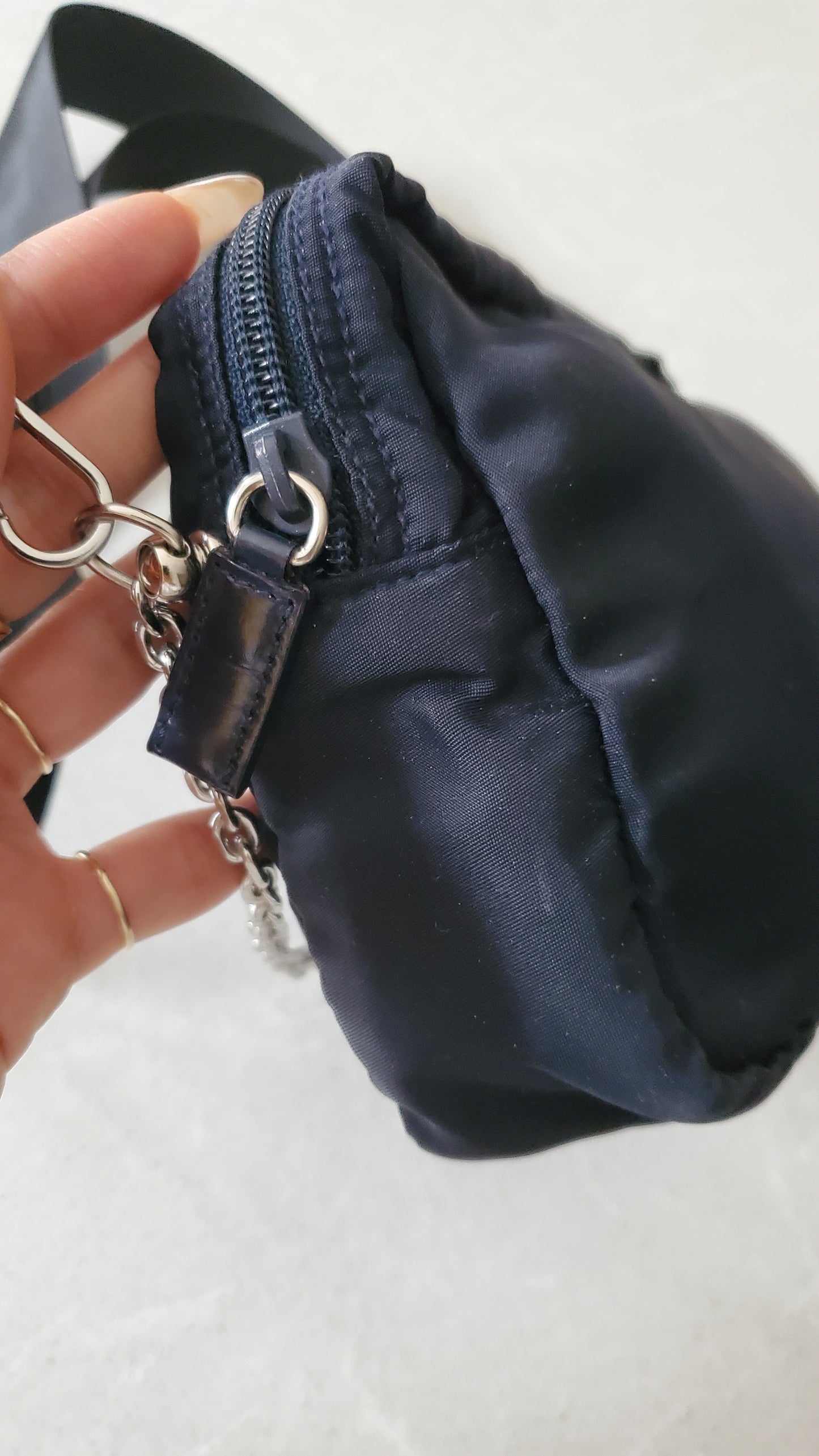 Authentic Prada Upcycle (Dark Navy) Nylon Pouch on Chain & Strap