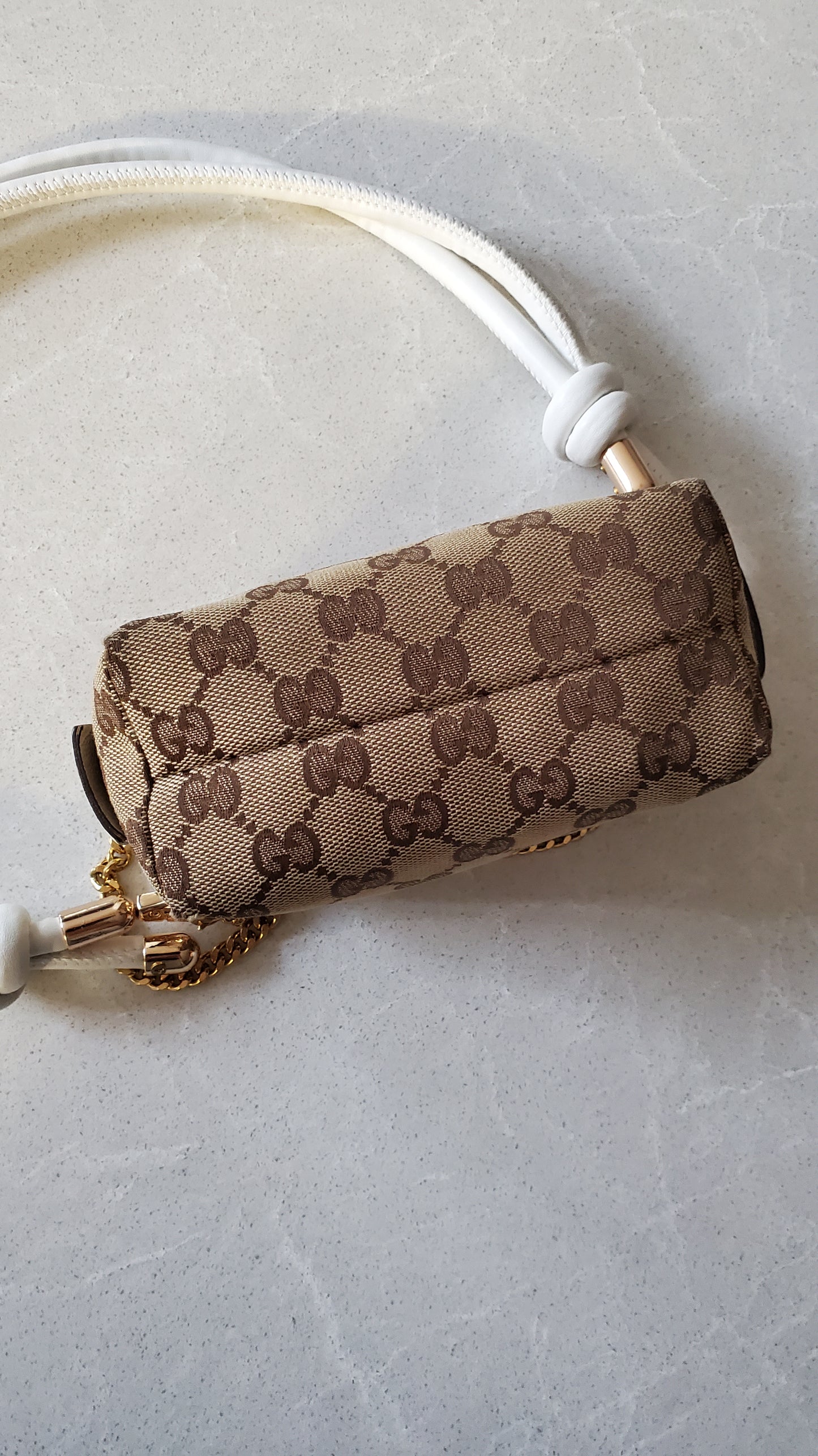 Authentic Vintage Gucci Upcycle Tan Fabric Pouch on Chain & Strap