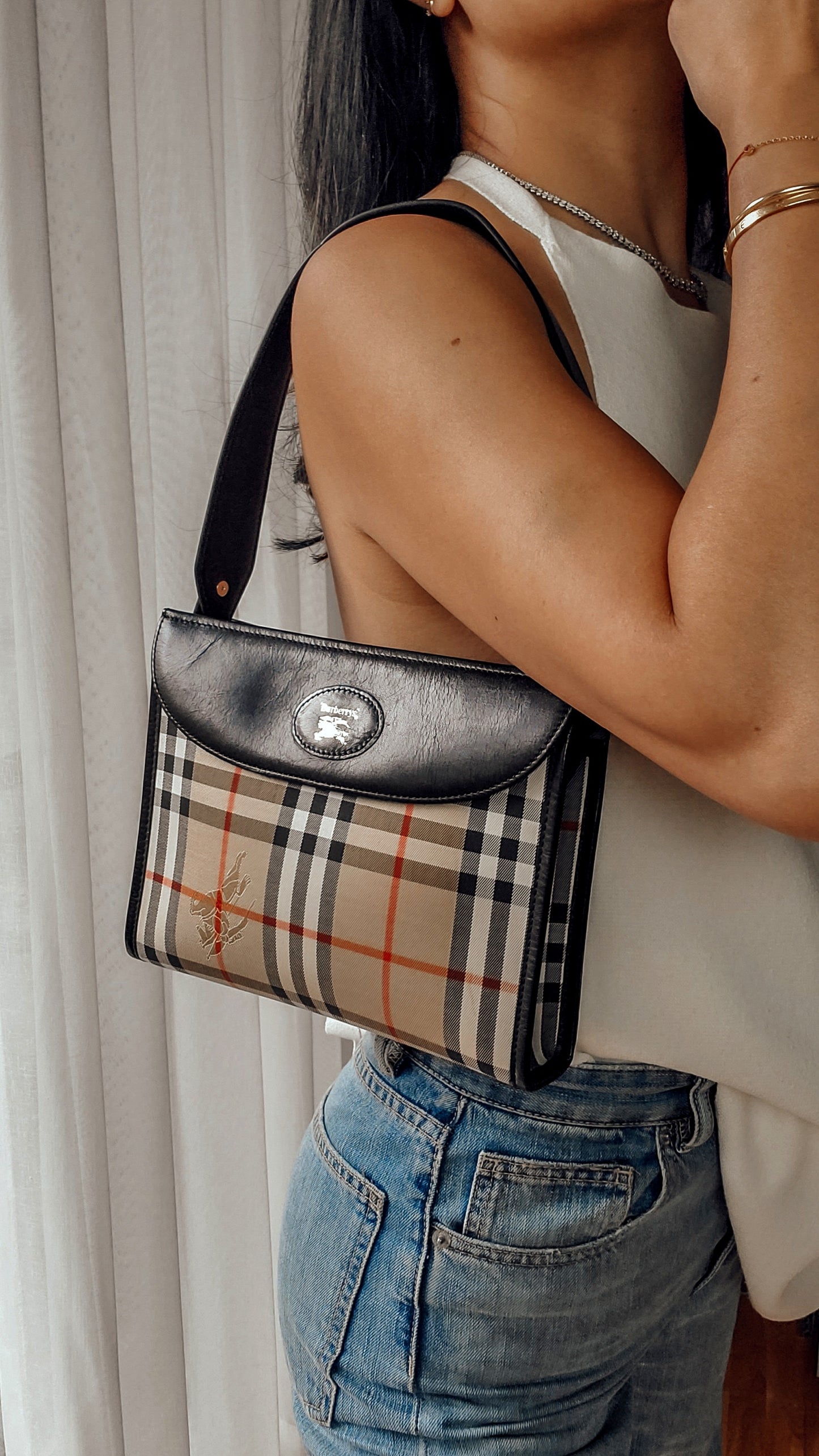Authentic Burberry Upcycle Black/ Printed Shoulder Purse with Strap