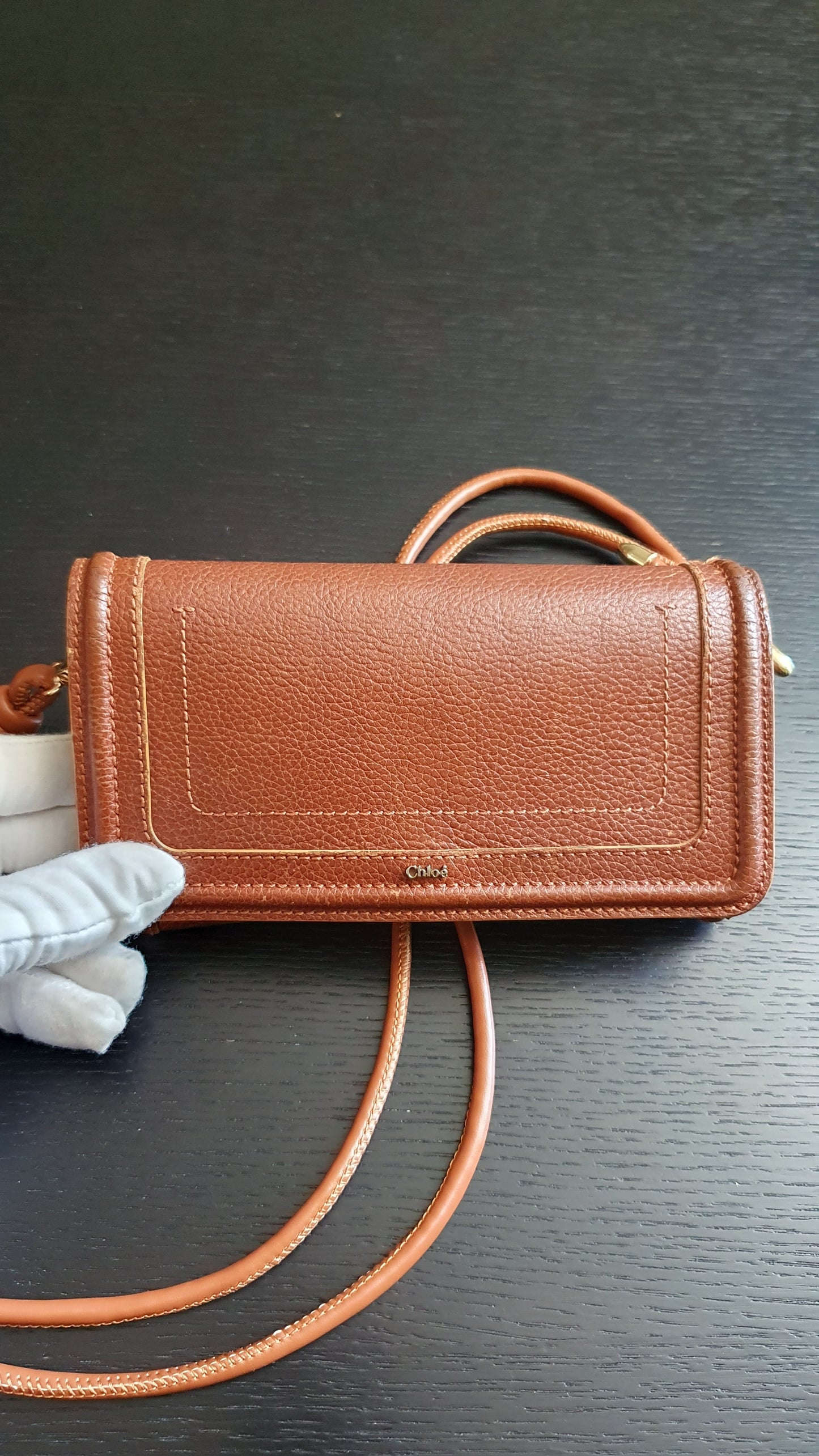 Authentic Chloe Upcycle Brown Leather Long Wallet with Strap