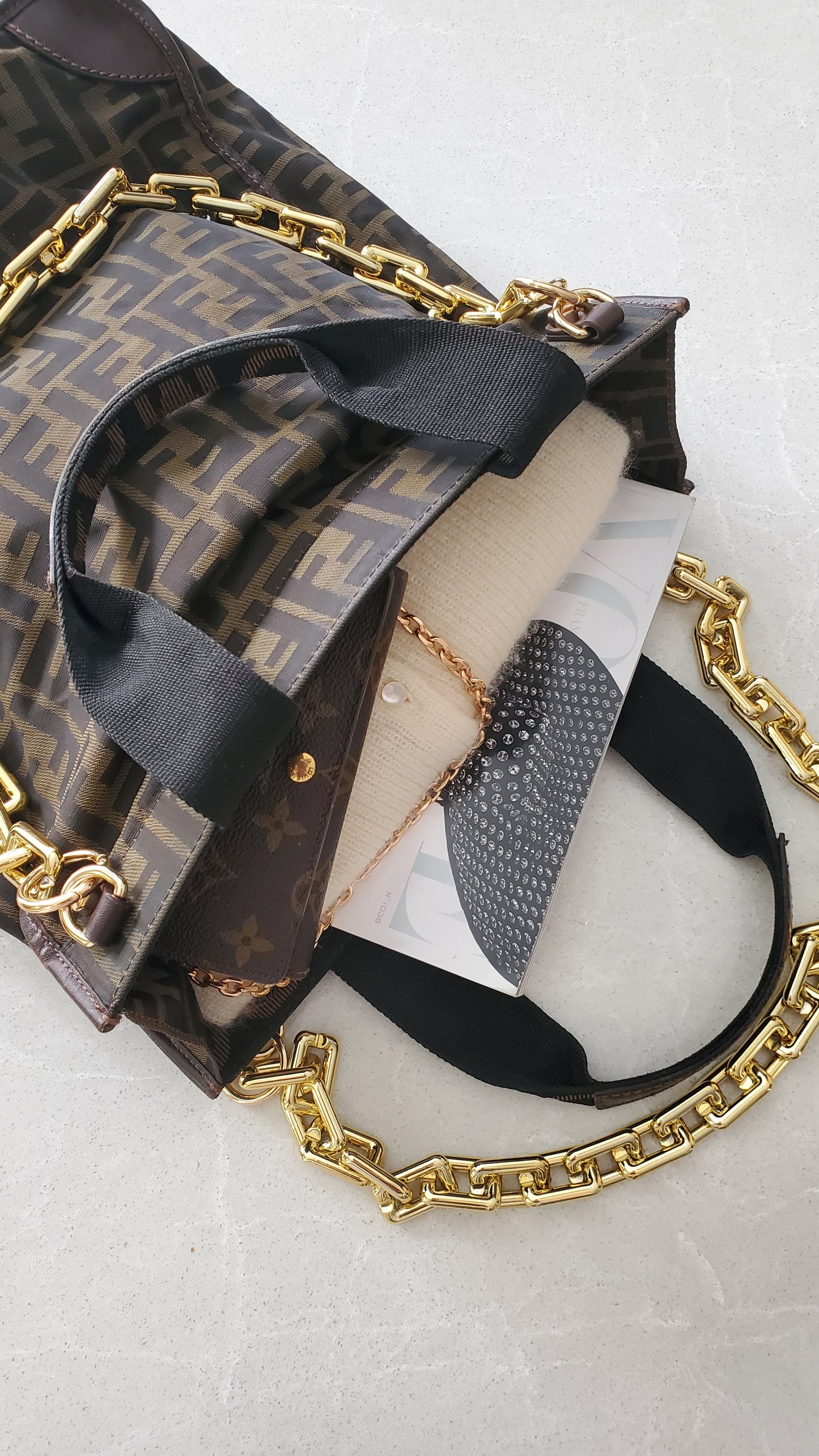 Authentic Fendi FF Upcycle Large Tote Bag with Chains