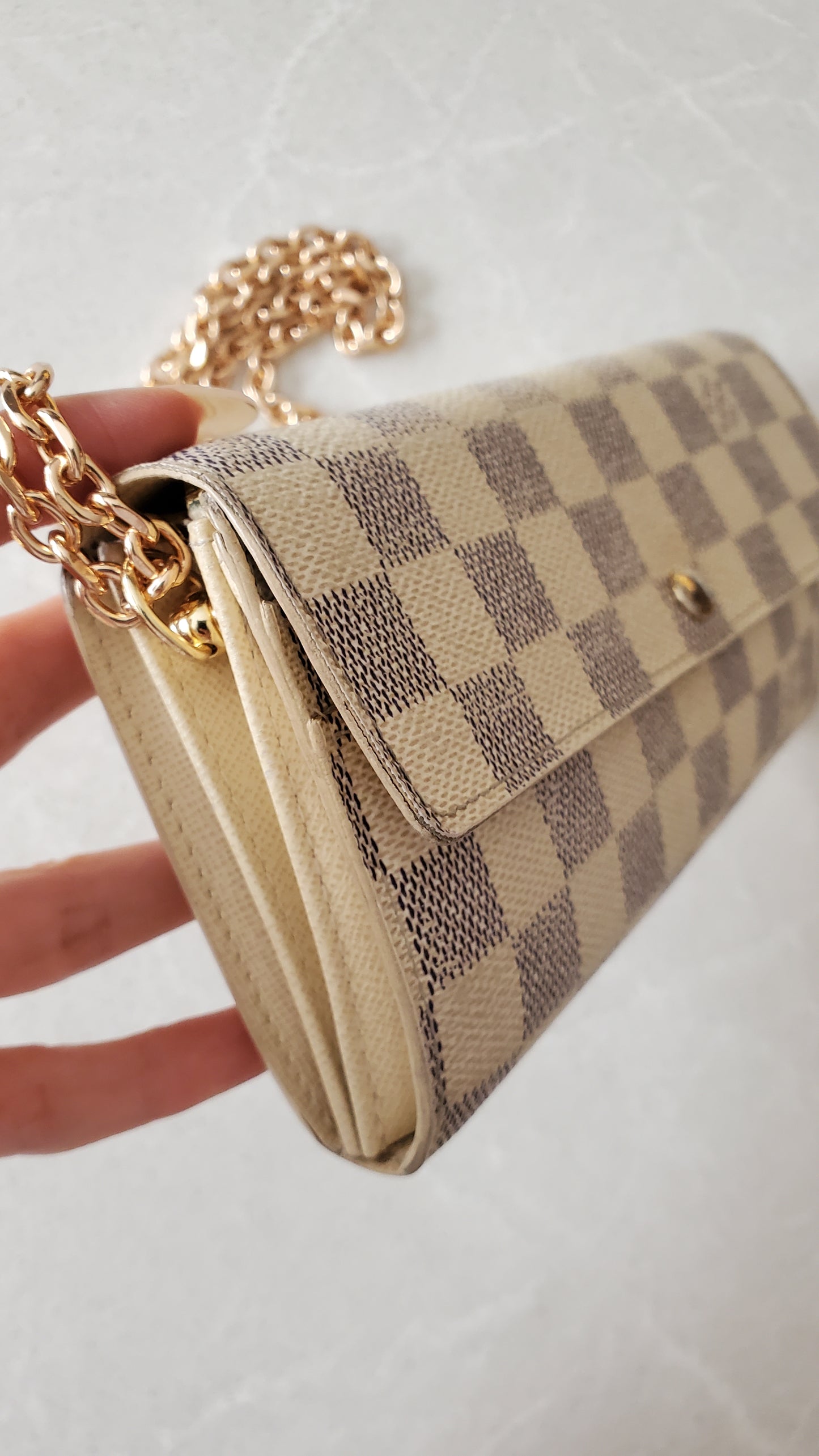 Authentic Louis Vuitton White Damier Upcycle Long Wallet on Chain