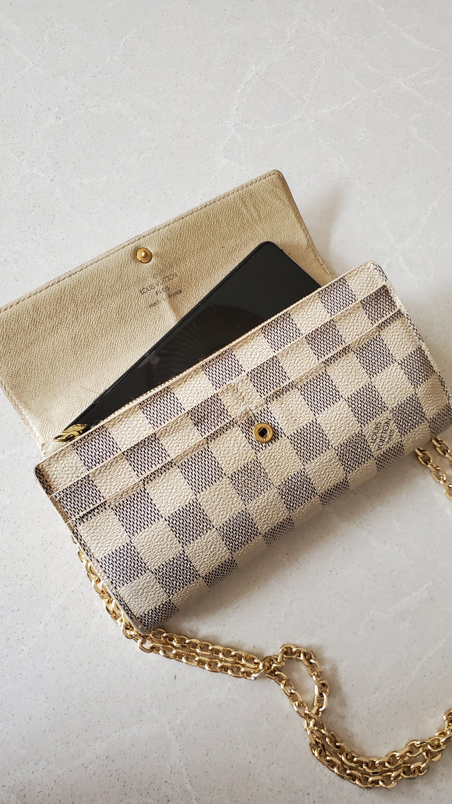 Authentic Louis Vuitton White Damier Upcycle Long Wallet on Chain