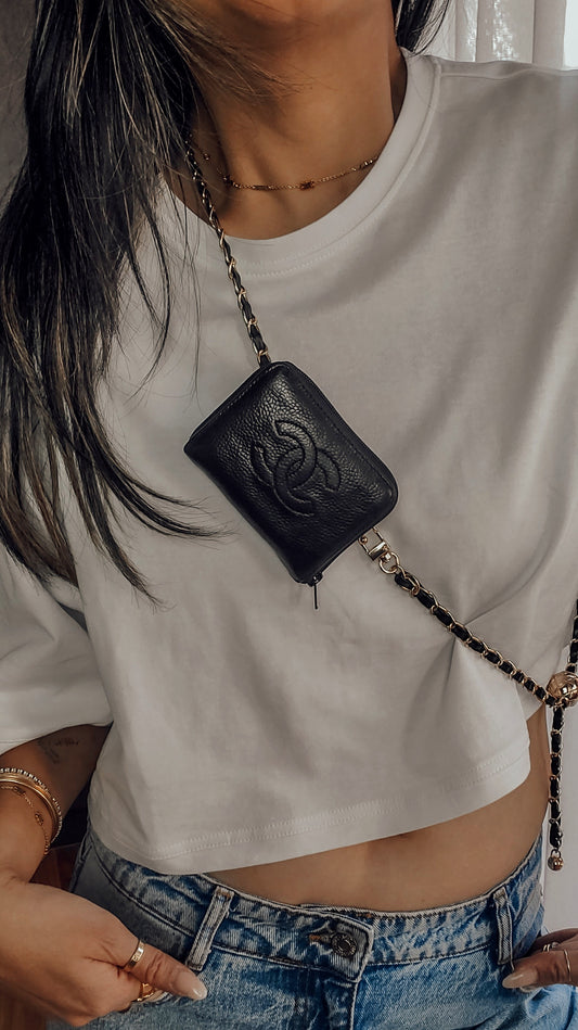 Authentic Chanel Black Caviar Leather Mini Pouch with Chain