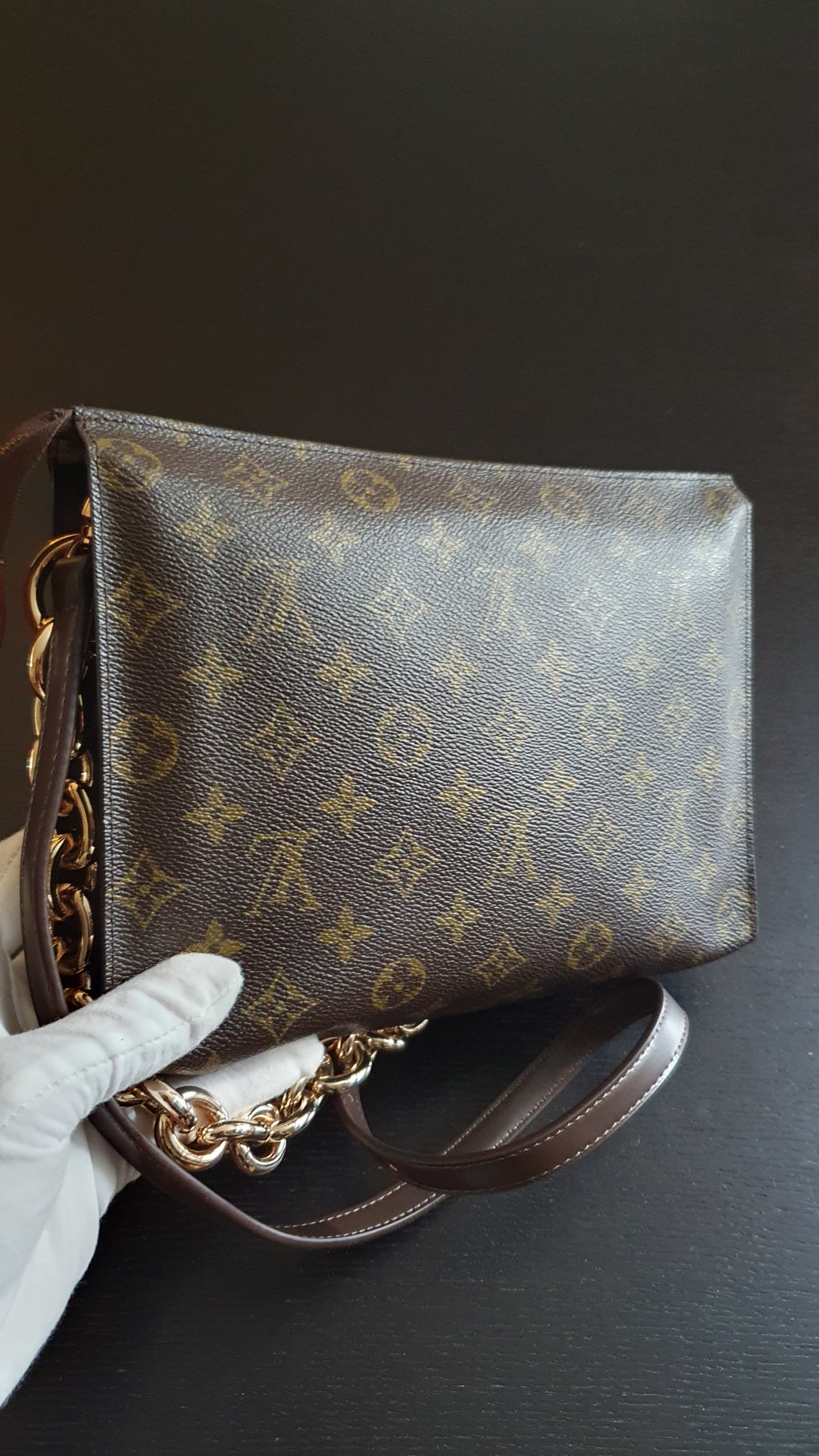 Authentic Vintage Louis Vuitton Upcycle Toiletry Pouch (with grey insert) with Chain & Strap