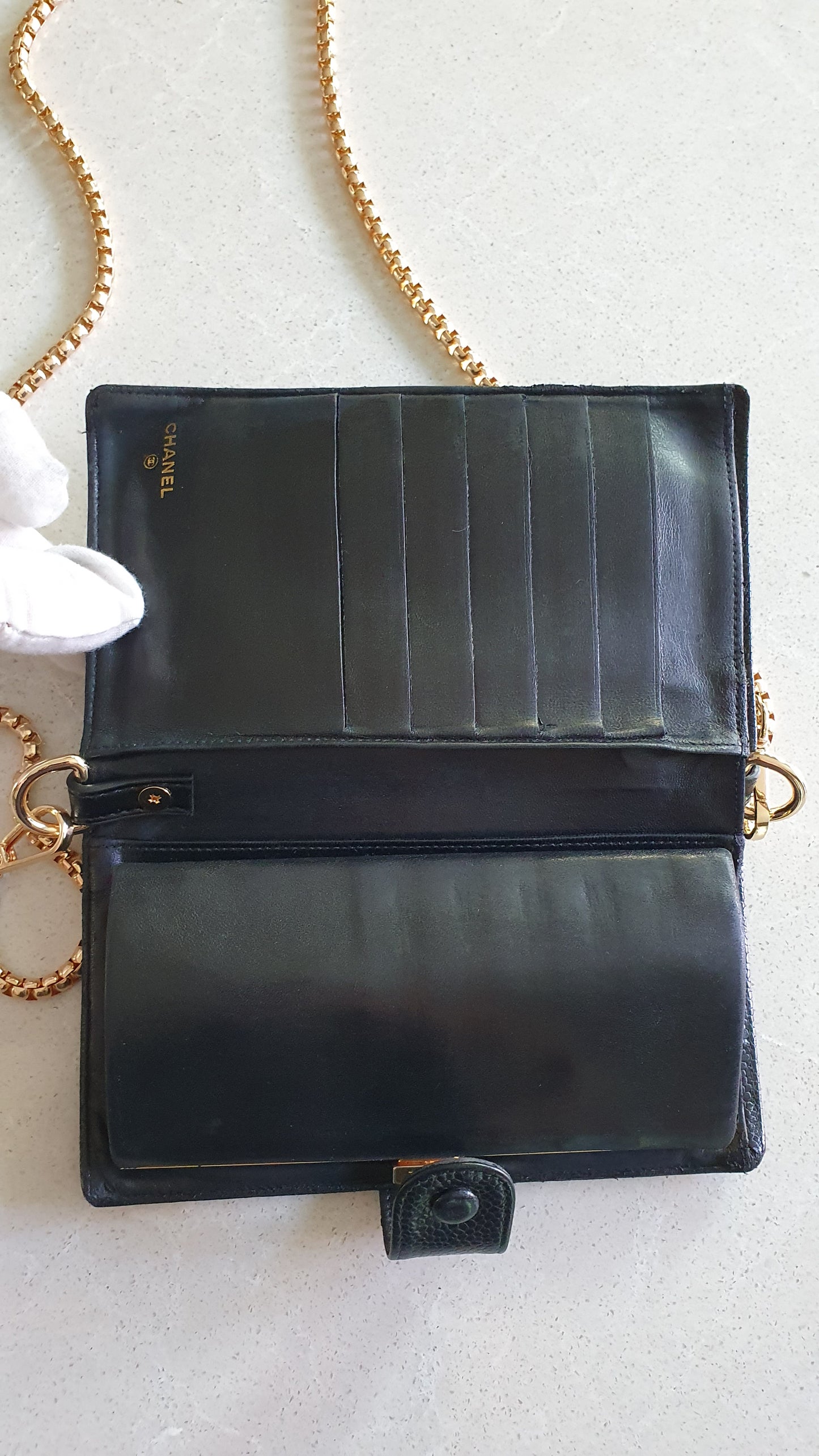 Authentic Chanel Upcycle Black Caviar Long Wallet with Strap & Chain