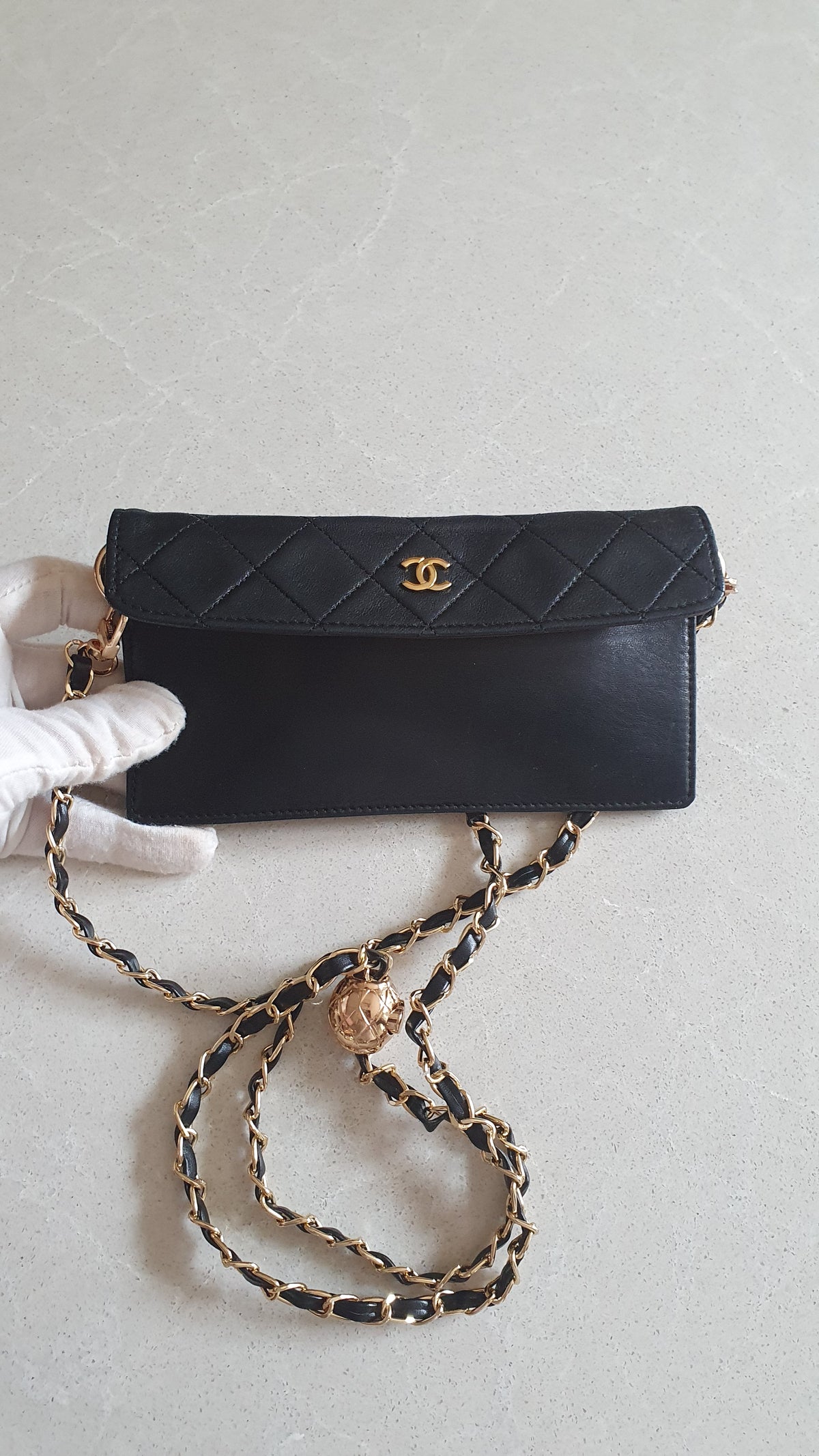 Authentic Vintage Chanel Upcycle Black Leather Flat Clutch with Chain