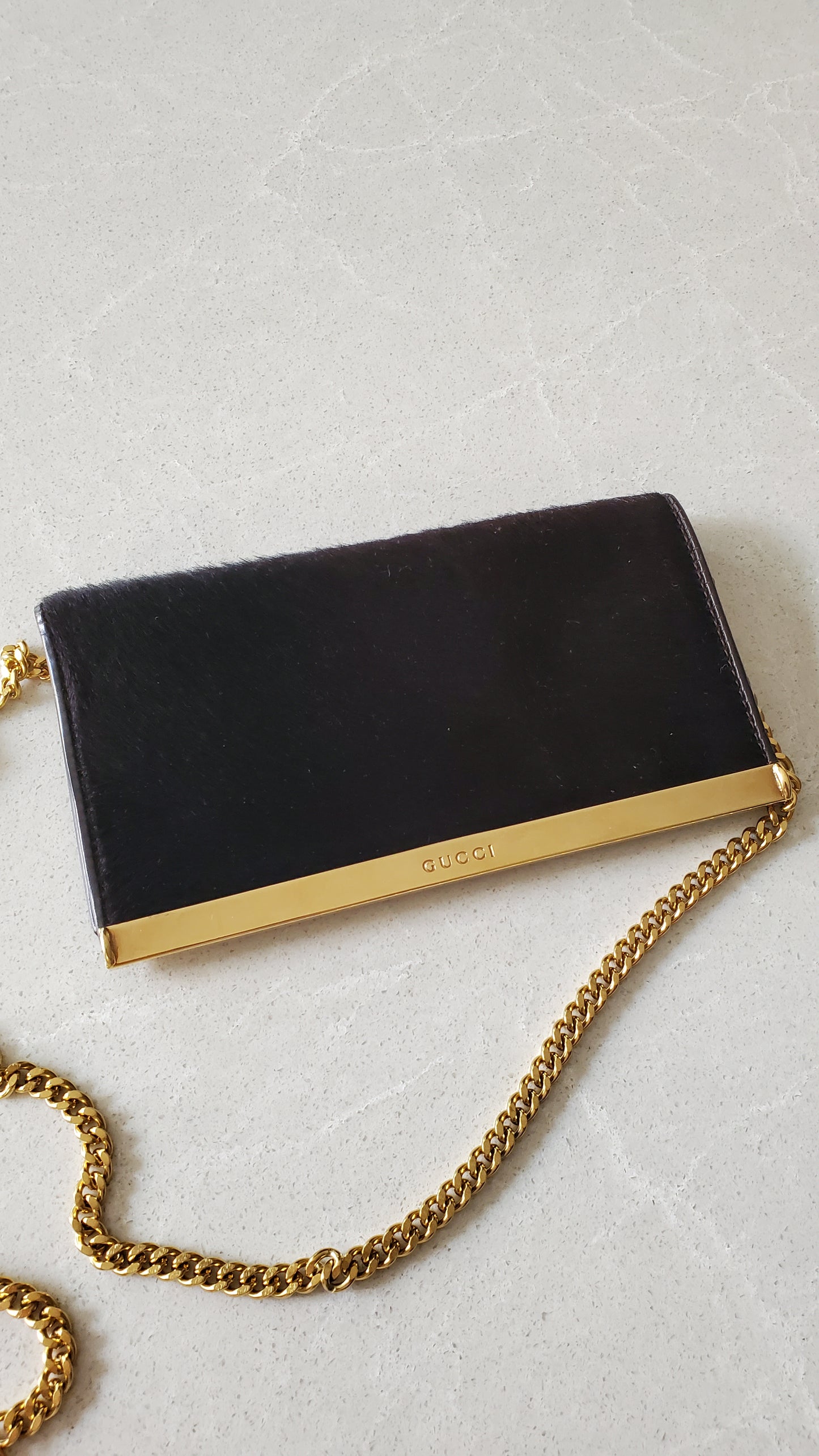 Authentic Unique Vintage Gucci Upcycle Versatile Black Furry Flap Wallet on Chain